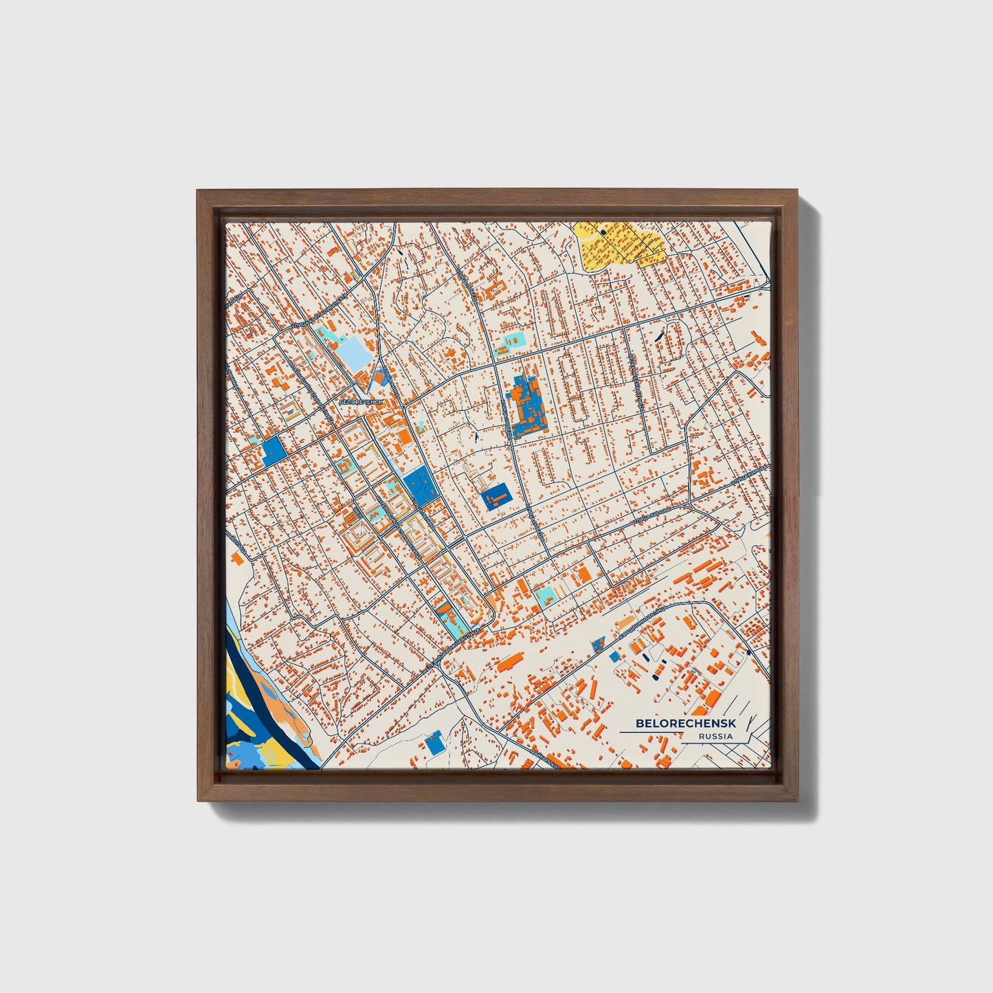 Белореченск Russia Colorful City Map Canvas Print • Dark Wooden Framed