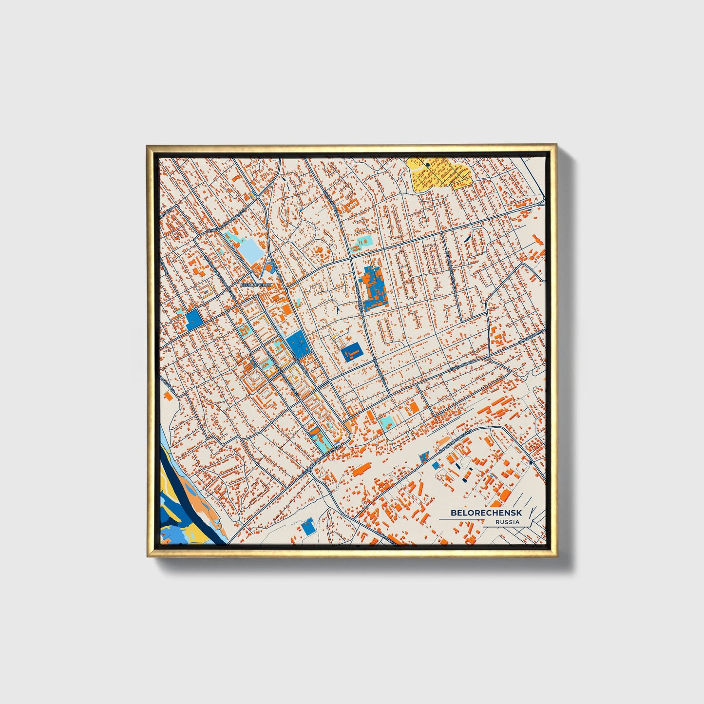 Белореченск Russia Colorful City Map Canvas Print • Gold Framed