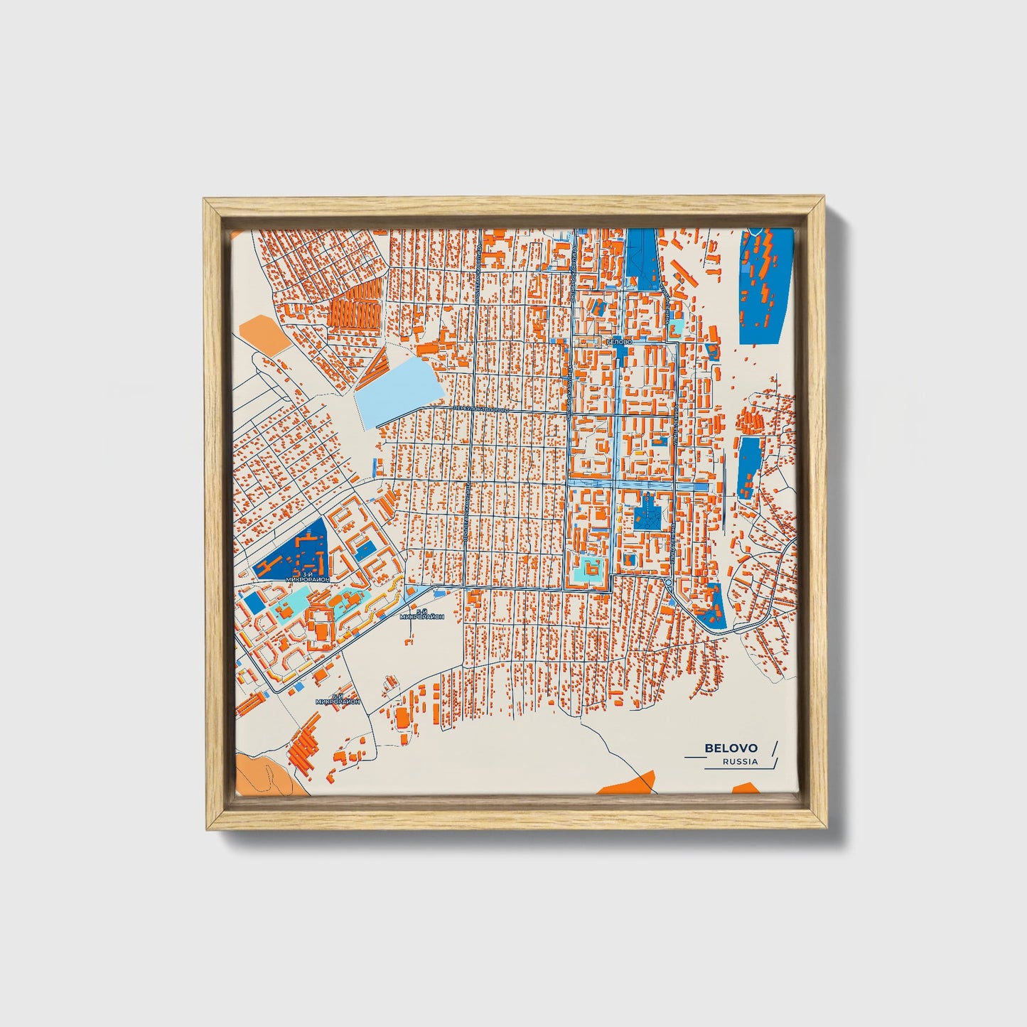 Белово Russia Colorful City Map Canvas Print • Natural Wooden Framed