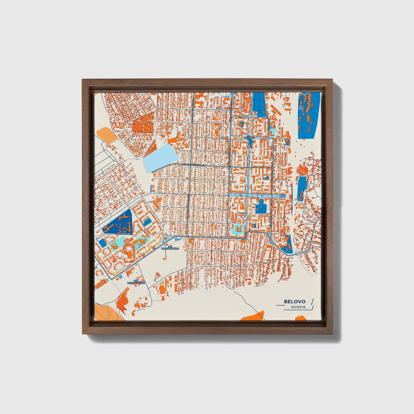 Белово Russia Colorful City Map Canvas Print • Dark Wooden Framed