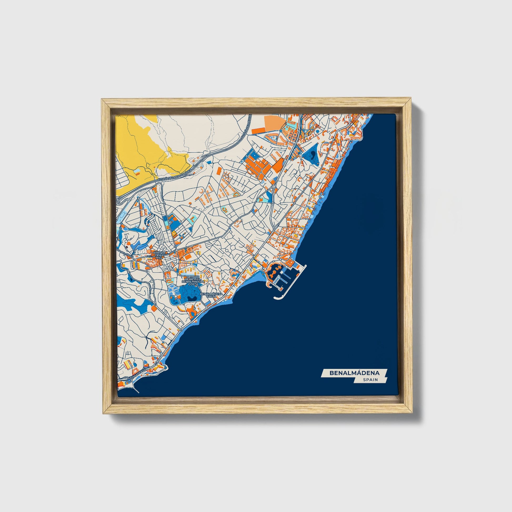 Benalmádena Spain Colorful City Map Canvas Print • Natural Wooden Framed
