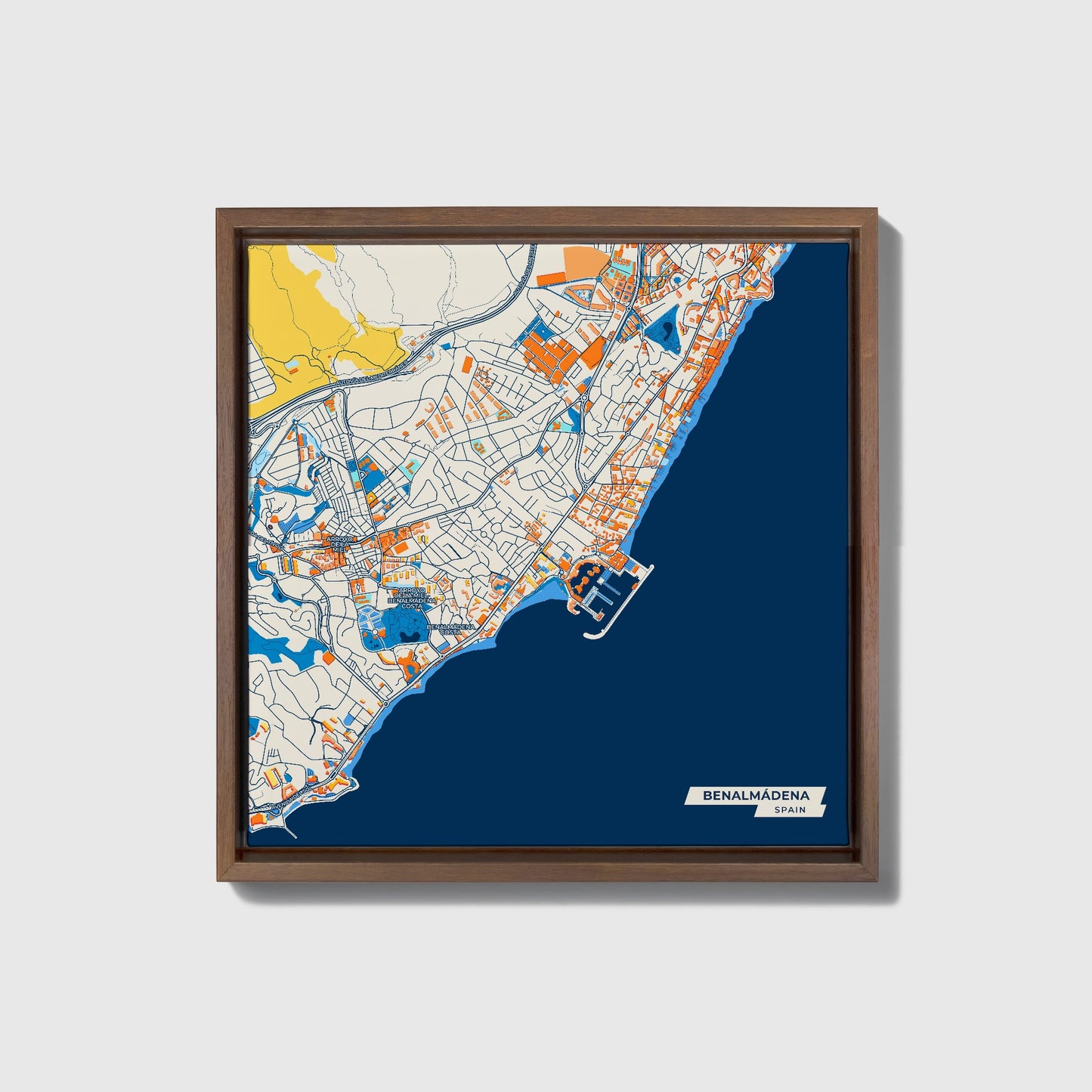 Benalmádena Spain Colorful City Map Canvas Print • Dark Wooden Framed