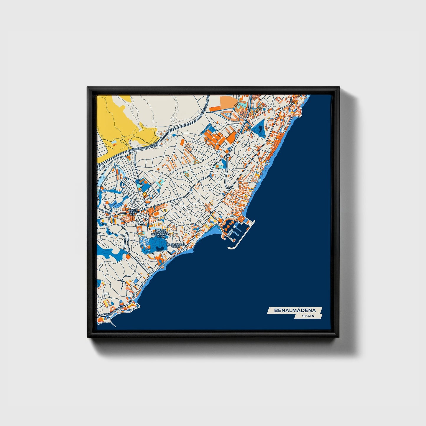 Benalmádena Spain Colorful City Map Canvas Print • Black Framed