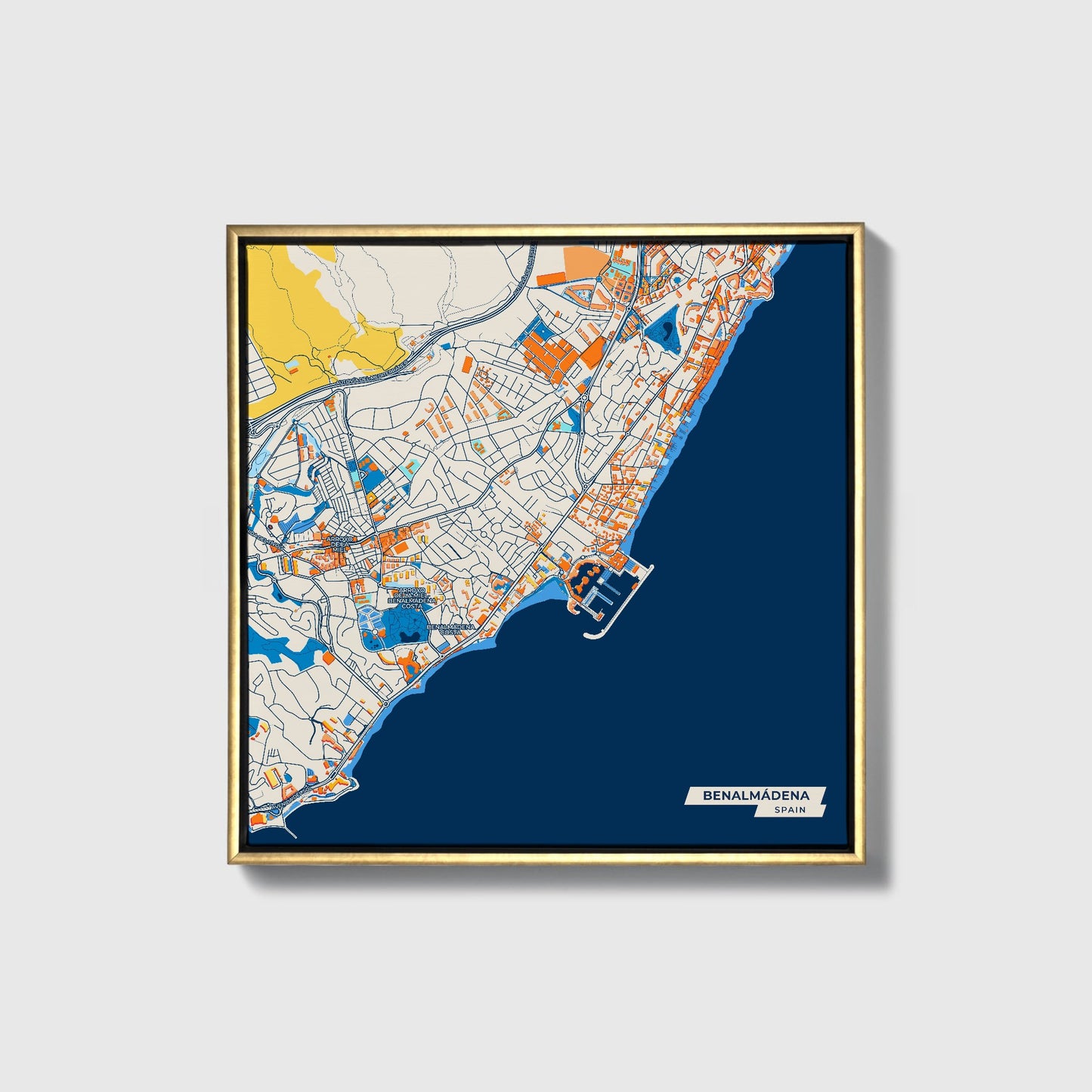Benalmádena Spain Colorful City Map Canvas Print • Gold Framed