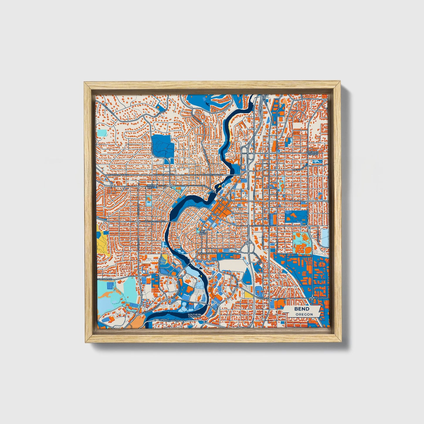 Bend Oregon Colorful City Map Canvas Print • Natural Wooden Framed