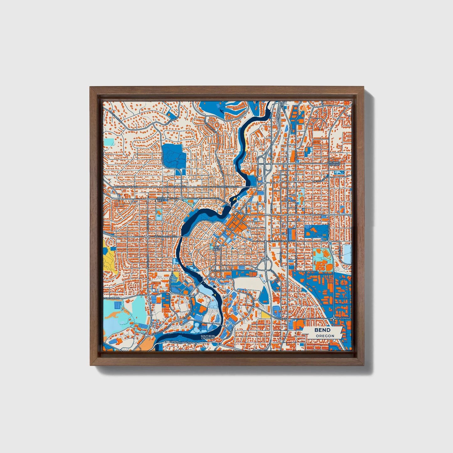 Bend Oregon Colorful City Map Canvas Print • Dark Wooden Framed