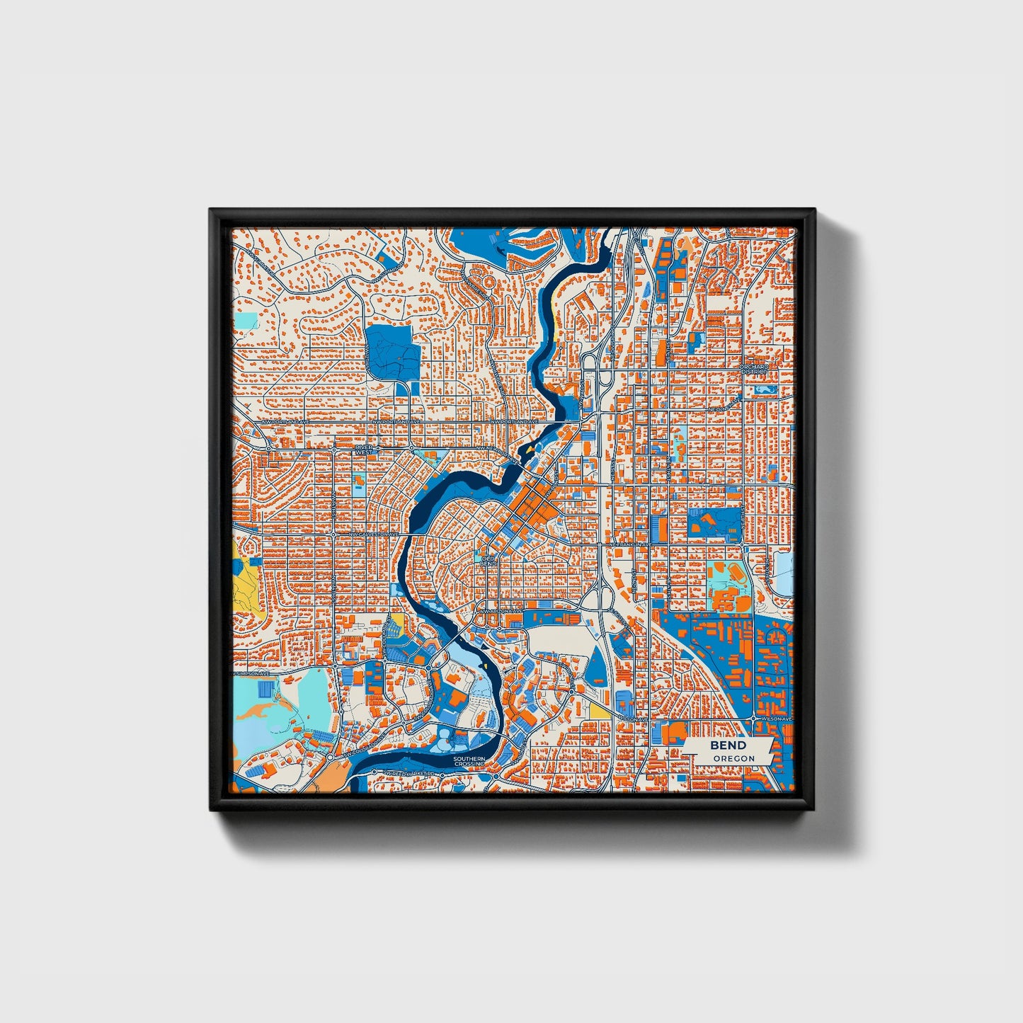 Bend Oregon Colorful City Map Canvas Print • Black Framed