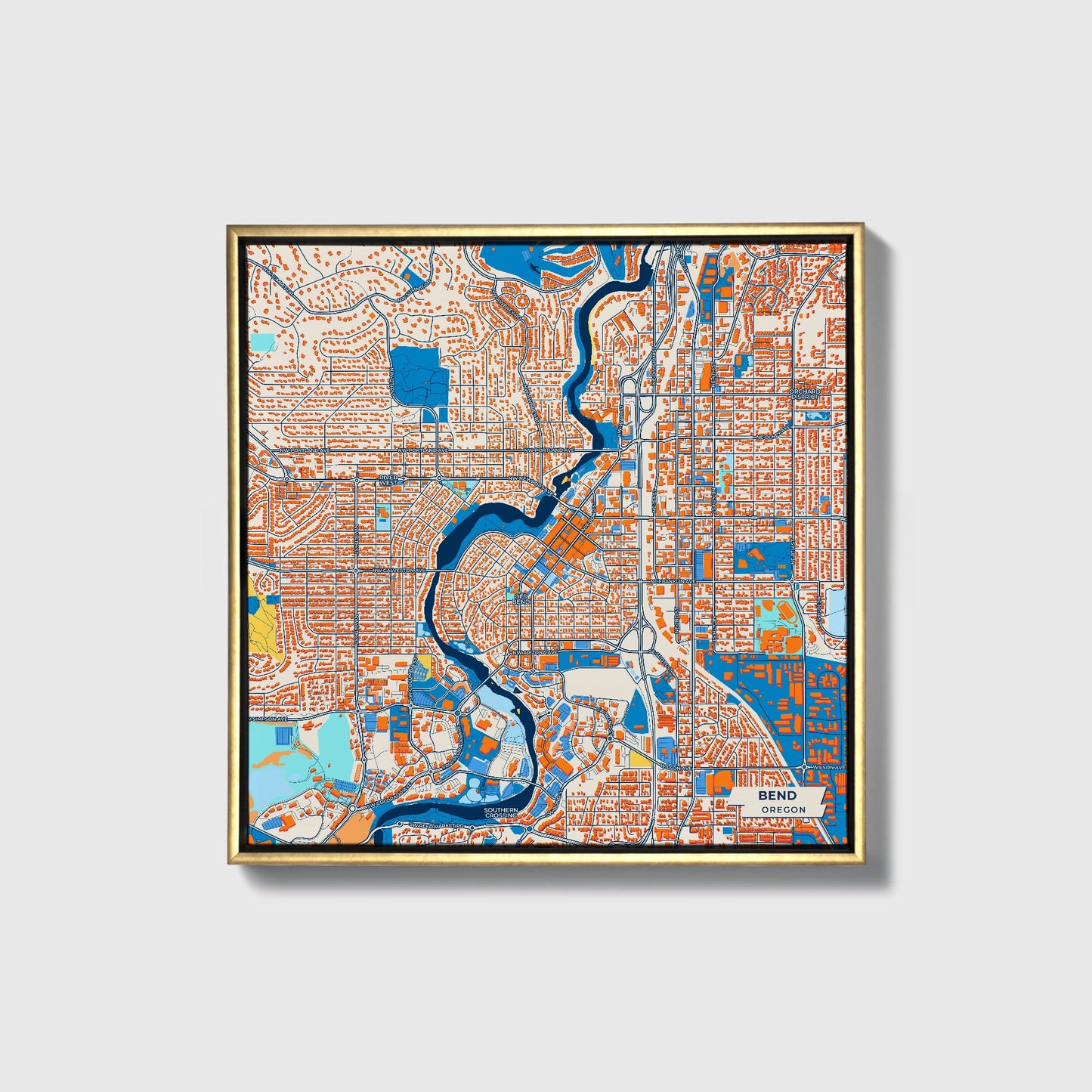 Bend Oregon Colorful City Map Canvas Print • Gold Framed