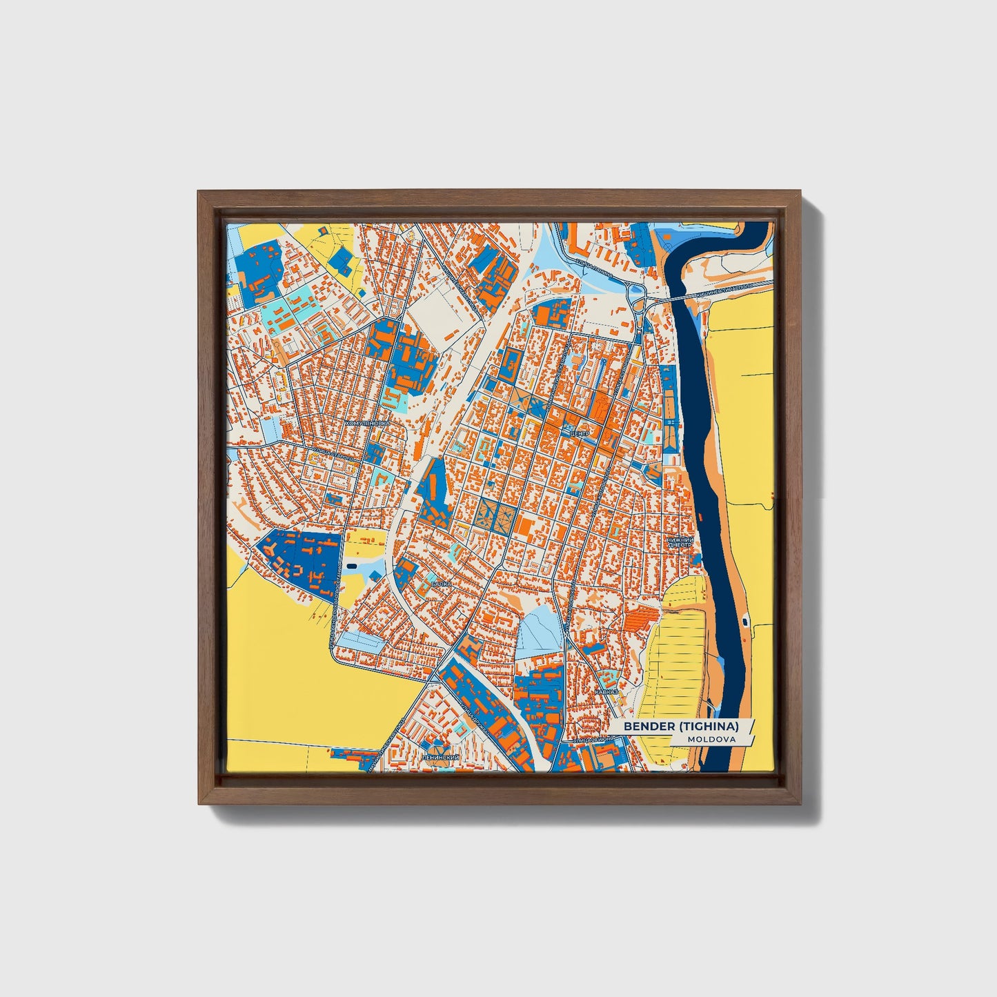 Bender (Tighina) Moldova Colorful City Map Canvas Print • Dark Wooden Framed