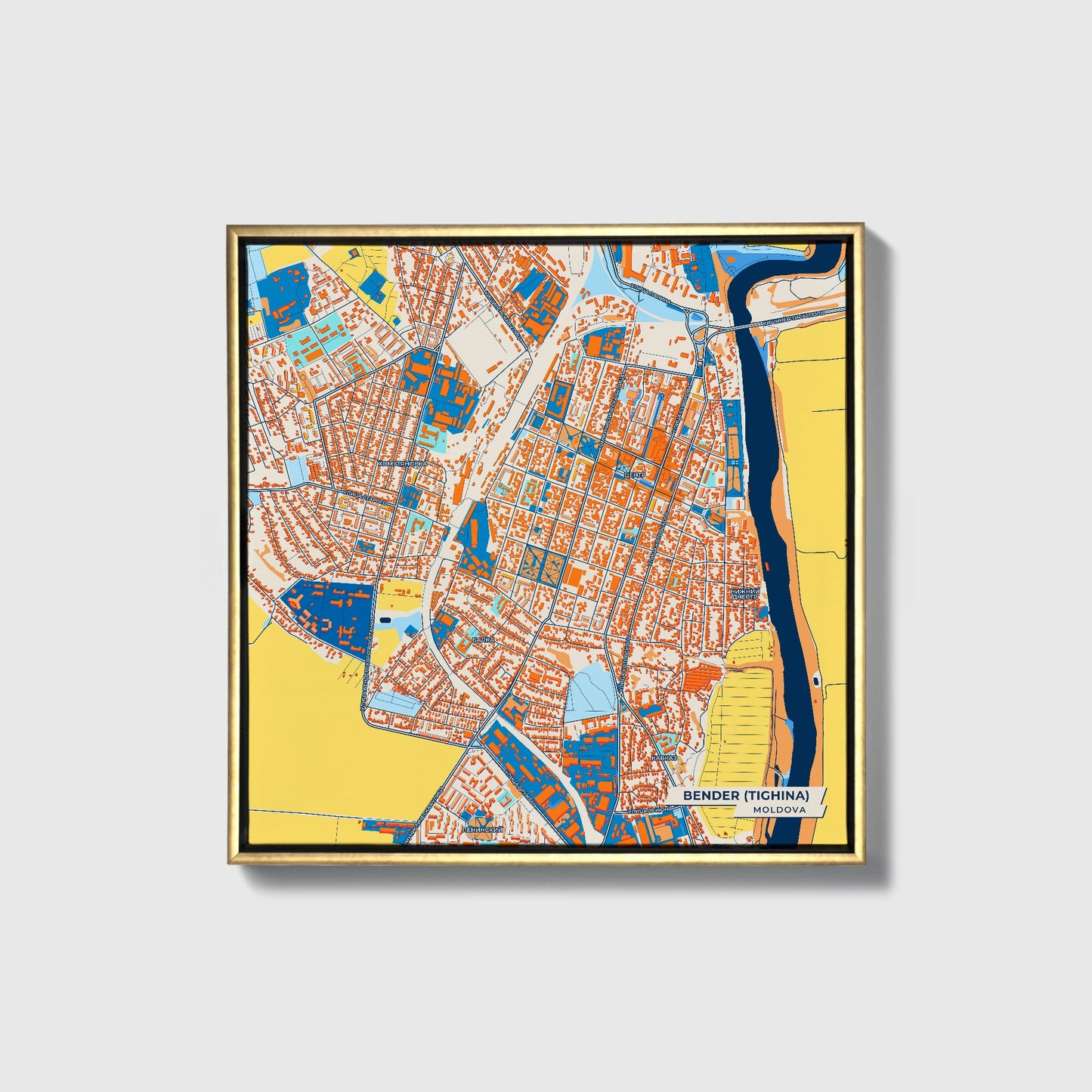 Bender (Tighina) Moldova Colorful City Map Canvas Print • Gold Framed