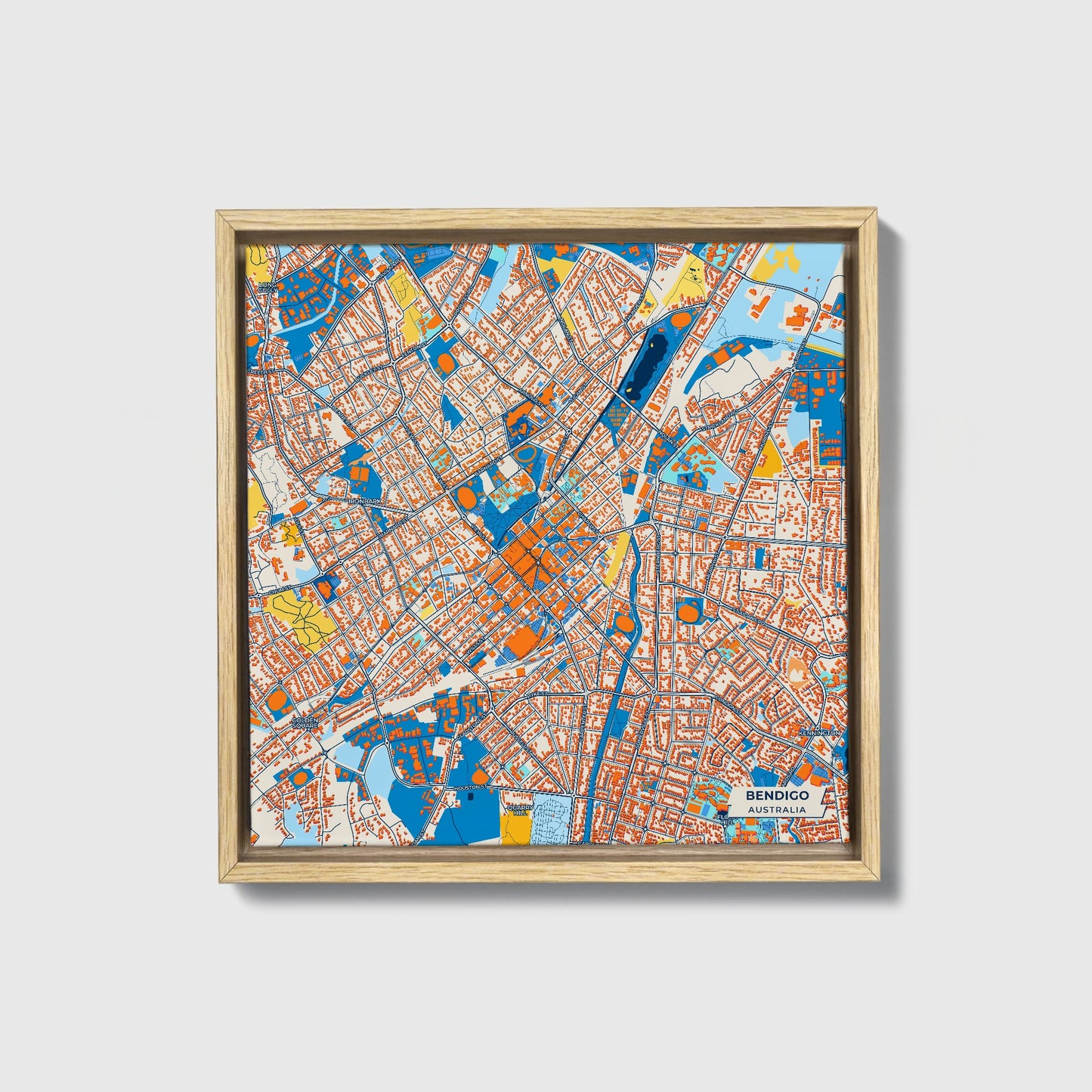 Bendigo Australia Colorful City Map Canvas Print • Natural Wooden Framed