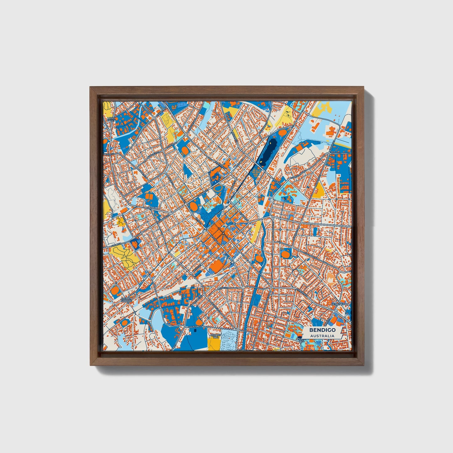 Bendigo Australia Colorful City Map Canvas Print • Dark Wooden Framed