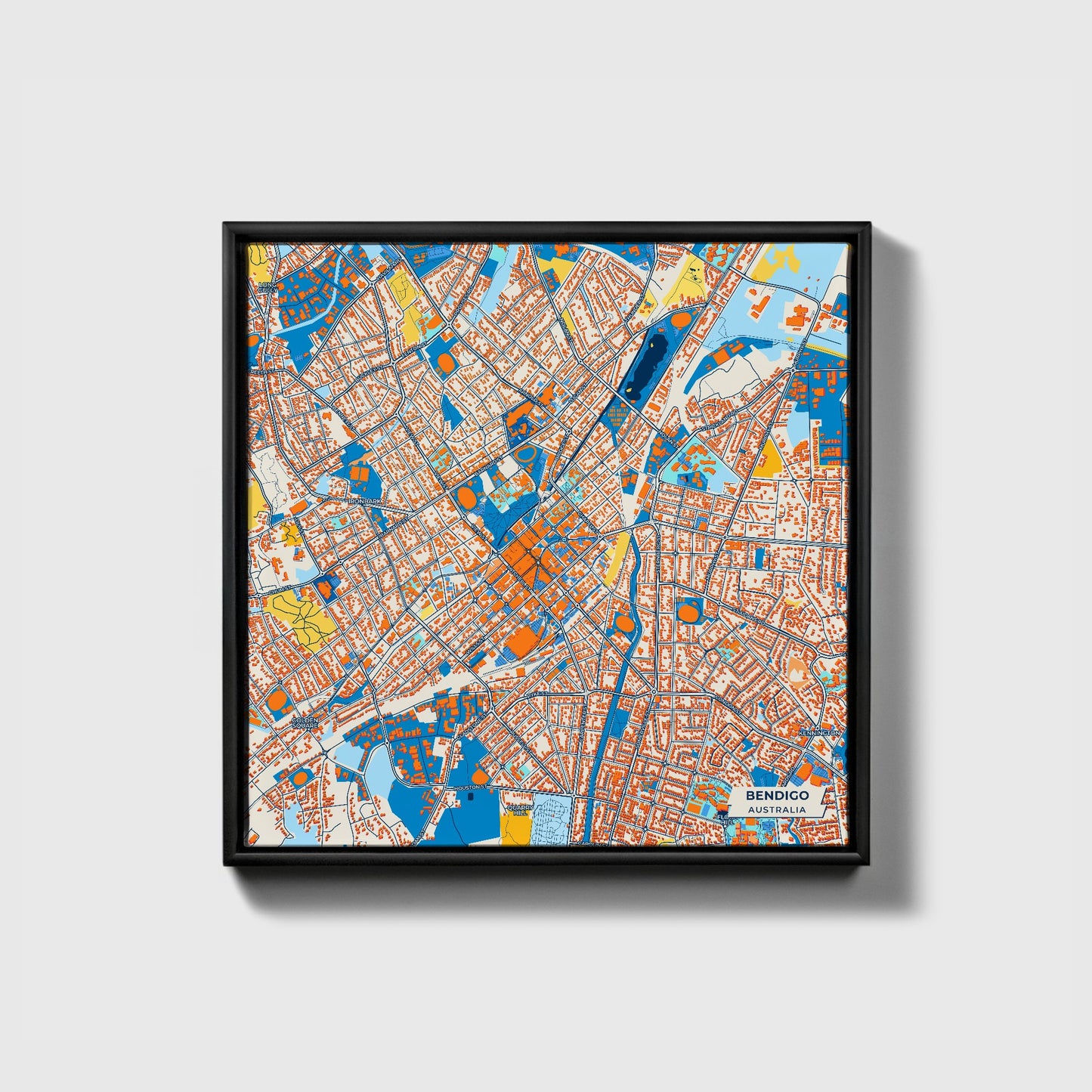 Bendigo Australia Colorful City Map Canvas Print • Black Framed