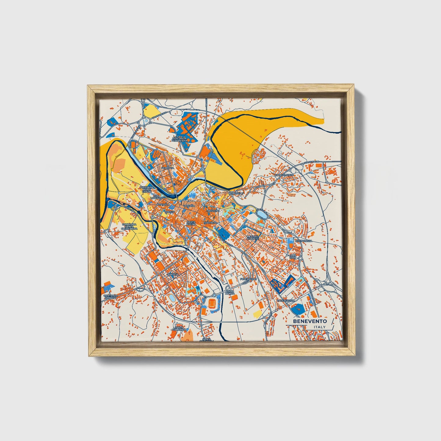Benevento Italy Colorful City Map Canvas Print • Natural Wooden Framed