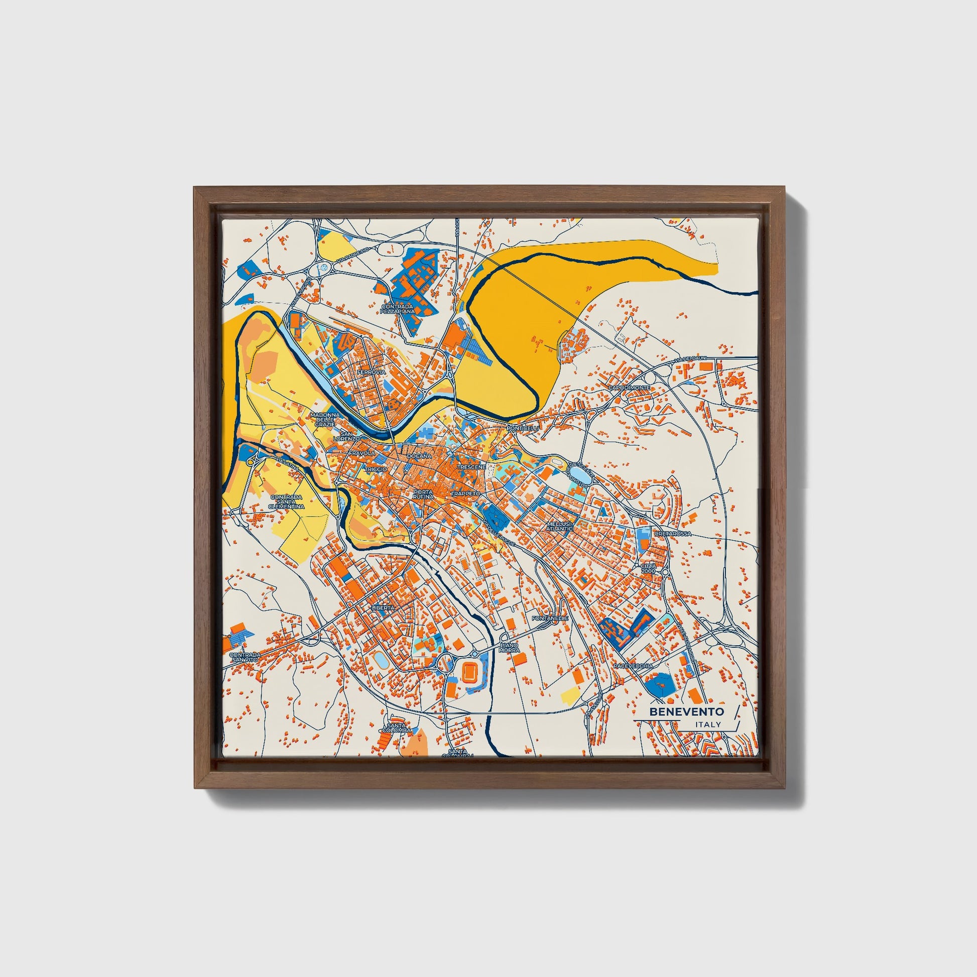 Benevento Italy Colorful City Map Canvas Print • Dark Wooden Framed
