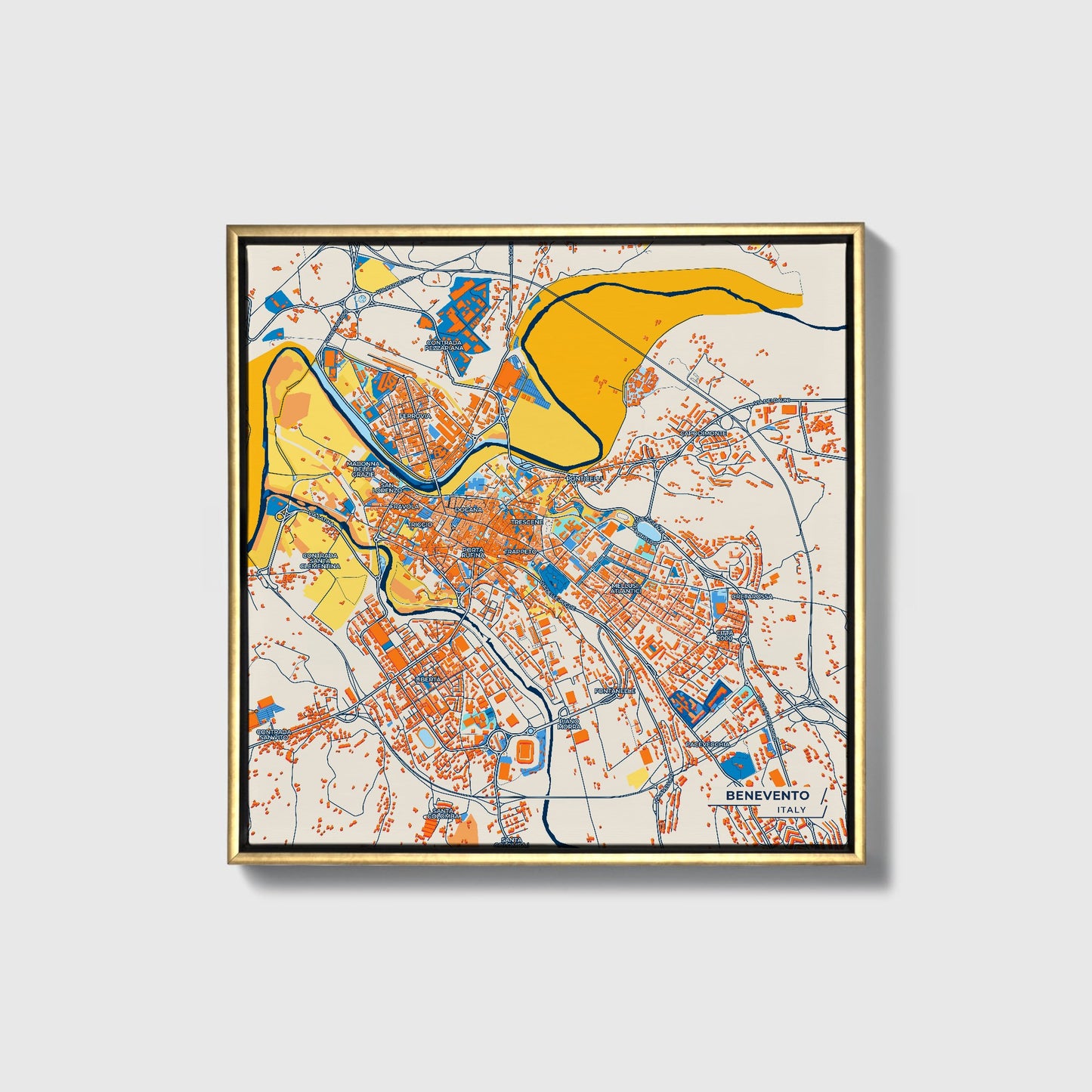 Benevento Italy Colorful City Map Canvas Print • Gold Framed