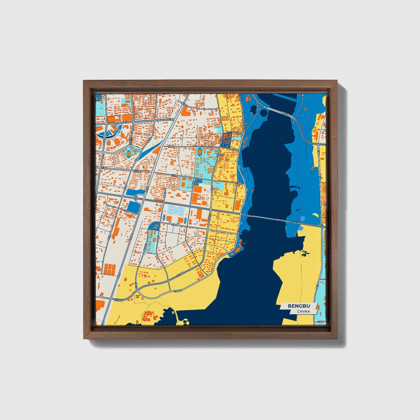 Bengbu China Colorful City Map Canvas Print • Dark Wooden Framed