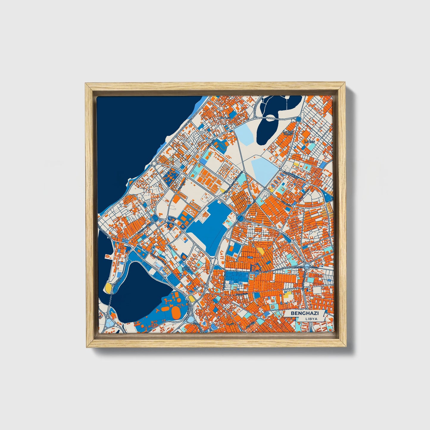 Benghazi Libya Colorful City Map Canvas Print • Natural Wooden Framed