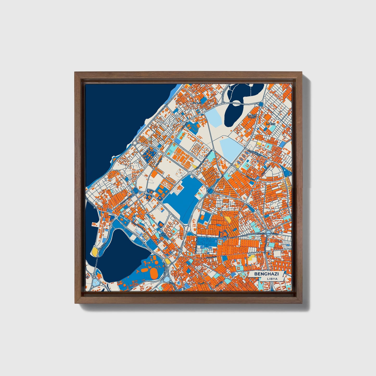 Benghazi Libya Colorful City Map Canvas Print • Dark Wooden Framed