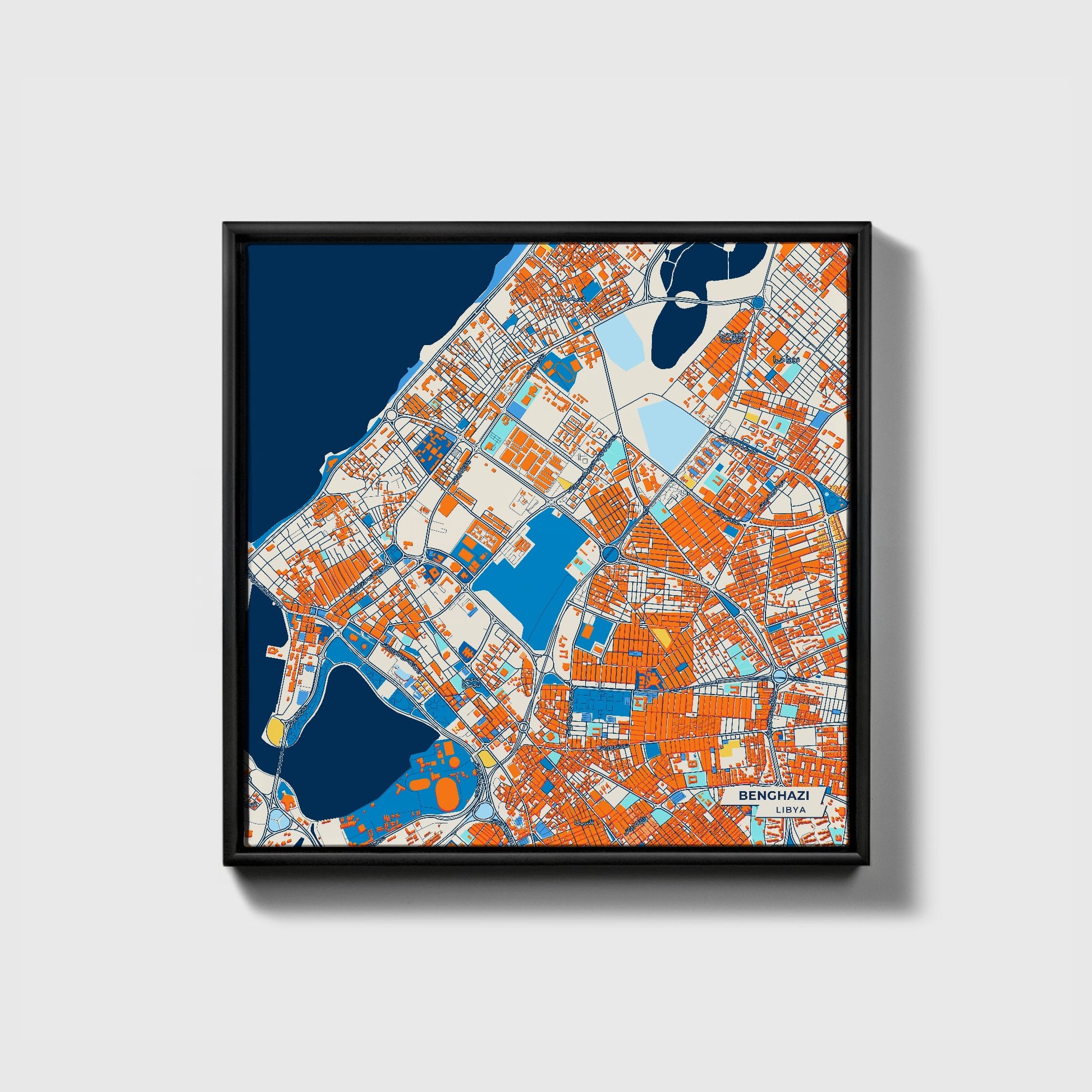 Benghazi Libya Colorful City Map Canvas Print • Black Framed