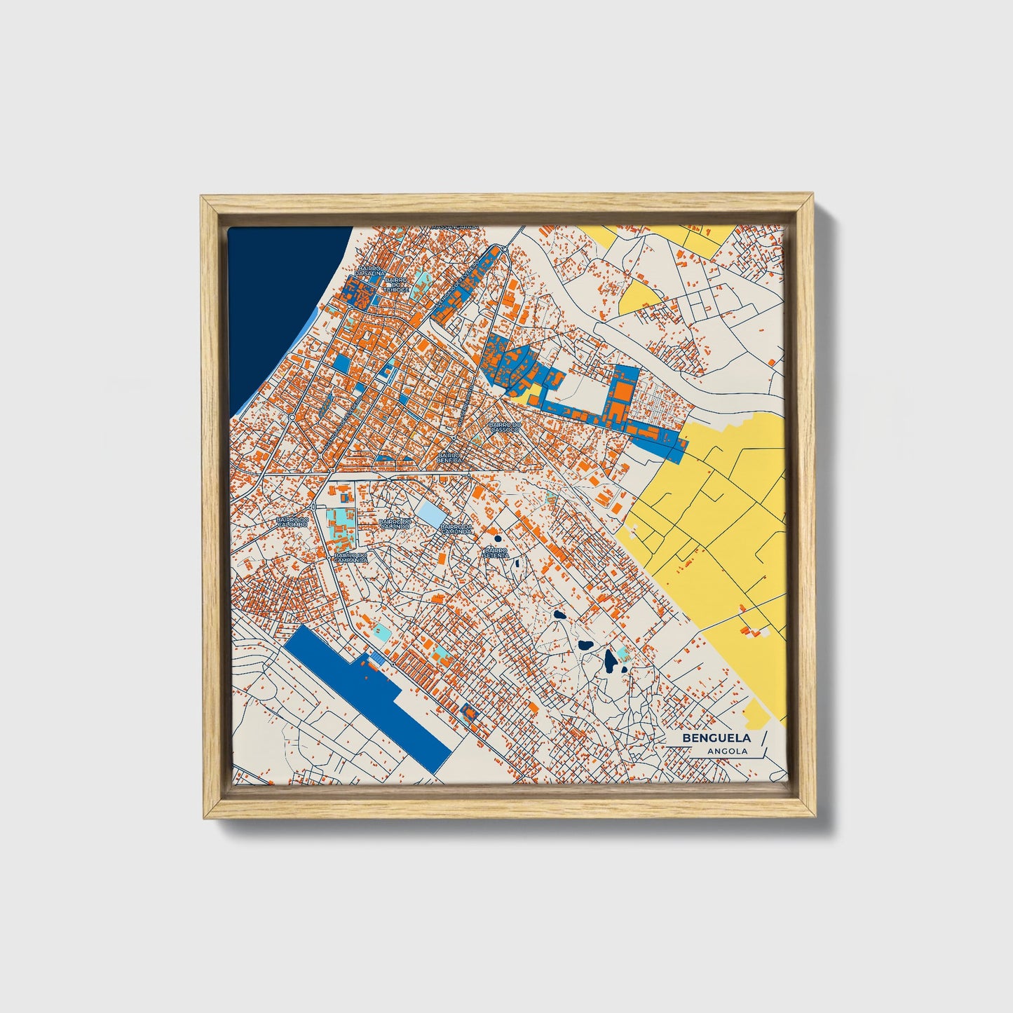 Benguela Angola Colorful City Map Canvas Print • Natural Wooden Framed