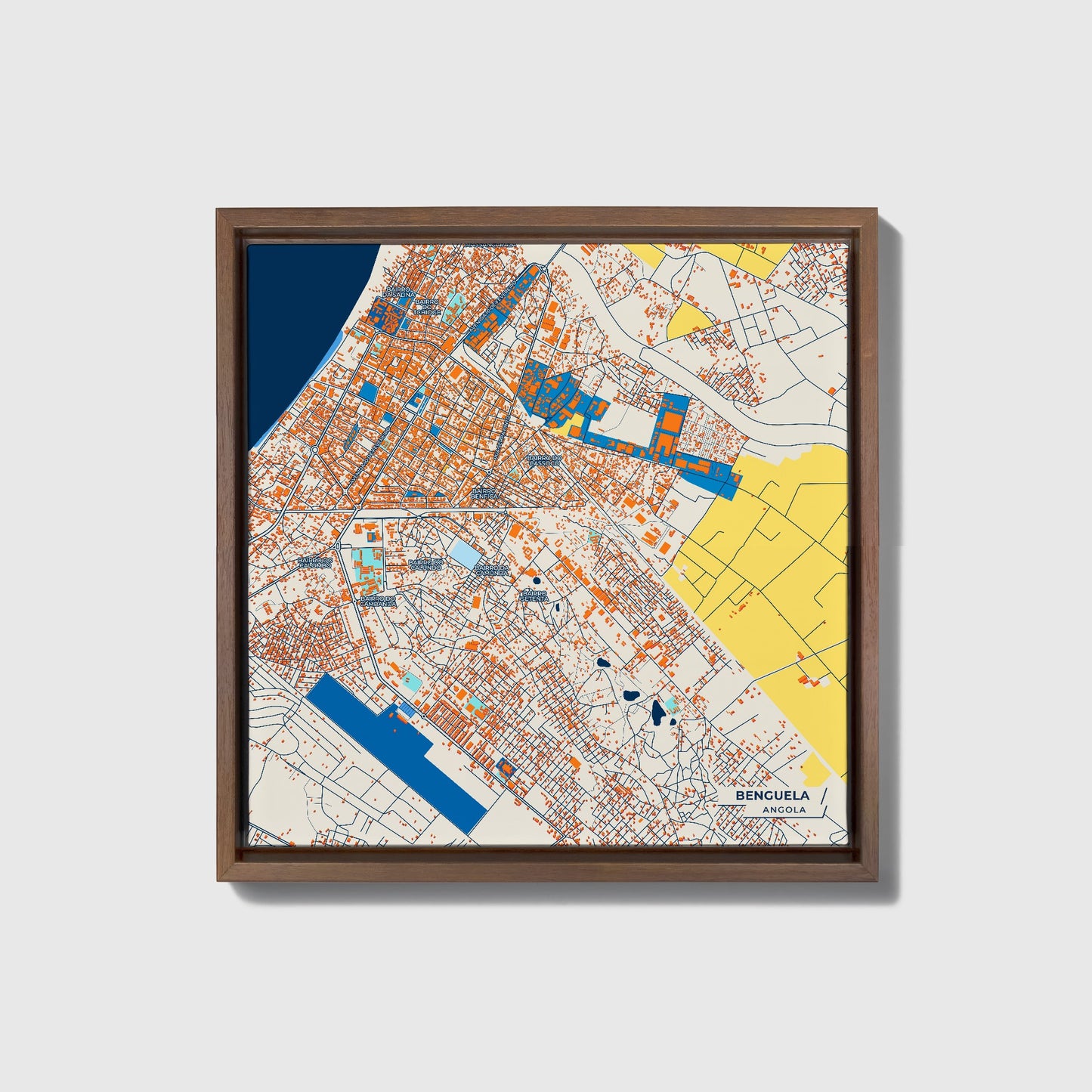 Benguela Angola Colorful City Map Canvas Print • Dark Wooden Framed