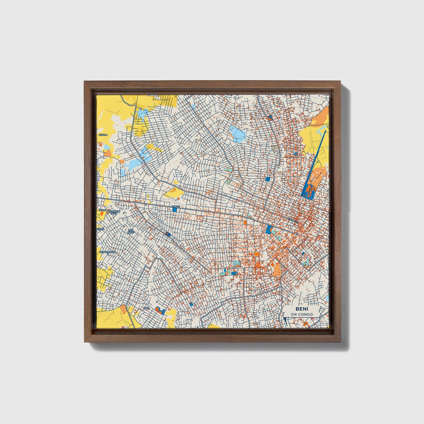 Beni Dr Congo Colorful City Map Canvas Print • Dark Wooden Framed