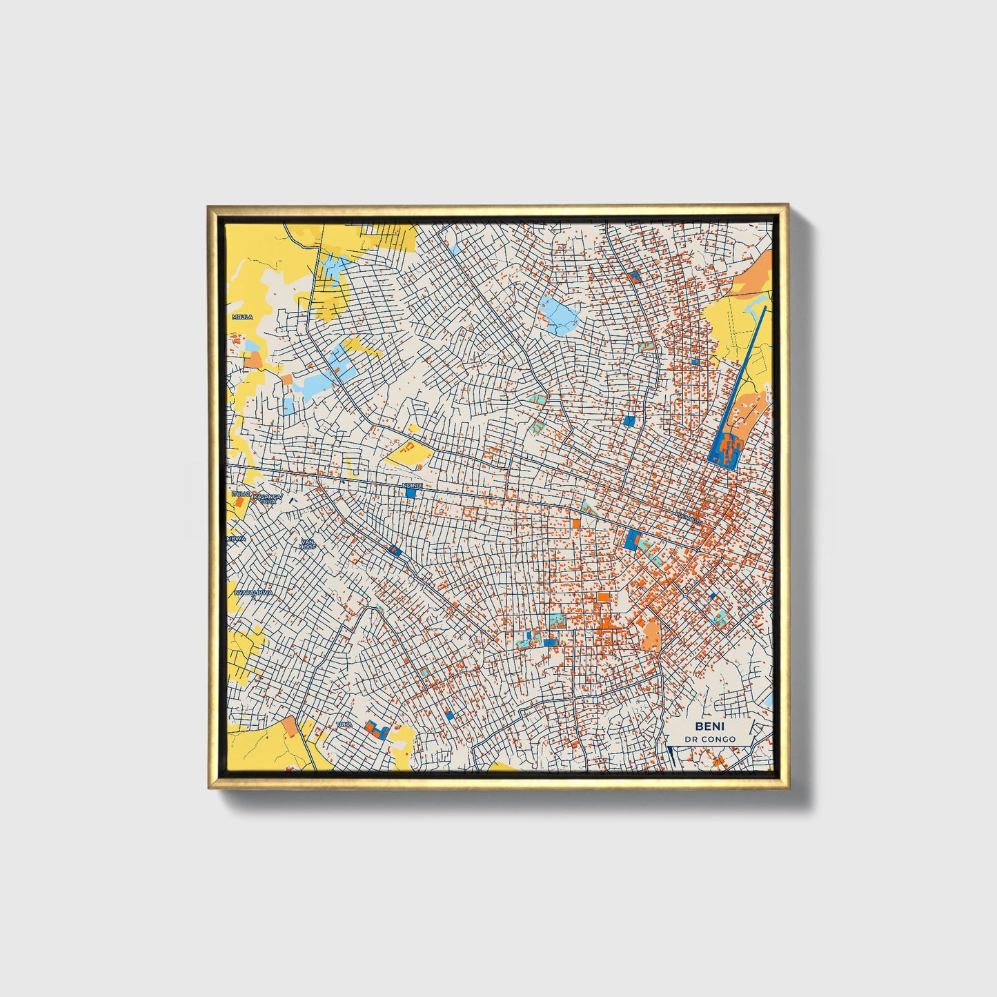 Beni Dr Congo Colorful City Map Canvas Print • Gold Framed