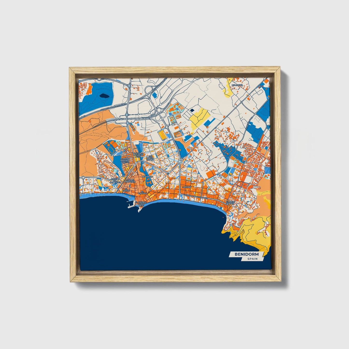 Benidorm Spain Colorful City Map Canvas Print • Natural Wooden Framed