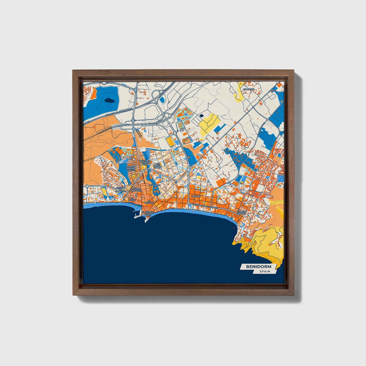 Benidorm Spain Colorful City Map Canvas Print • Dark Wooden Framed
