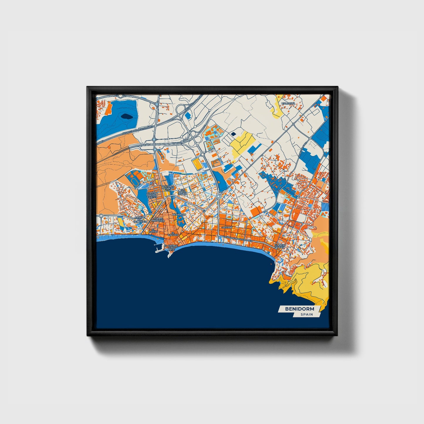 Benidorm Spain Colorful City Map Canvas Print • Black Framed