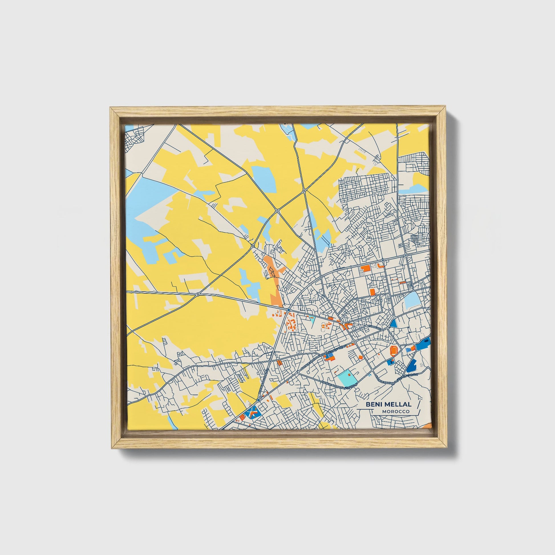Beni Mellal Morocco Colorful City Map Canvas Print • Natural Wooden Framed