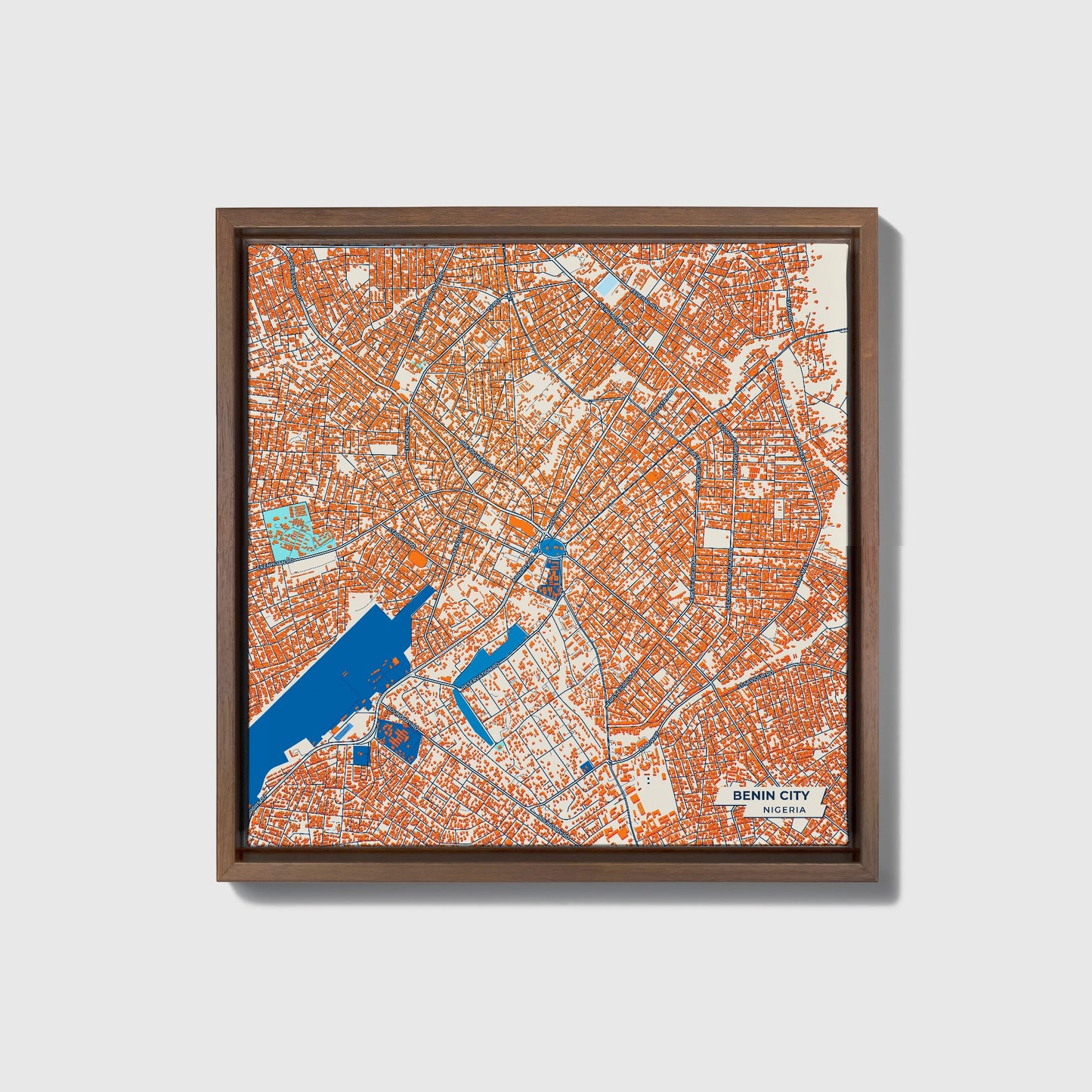 Benin City Nigeria Colorful City Map Canvas Print • Dark Wooden Framed