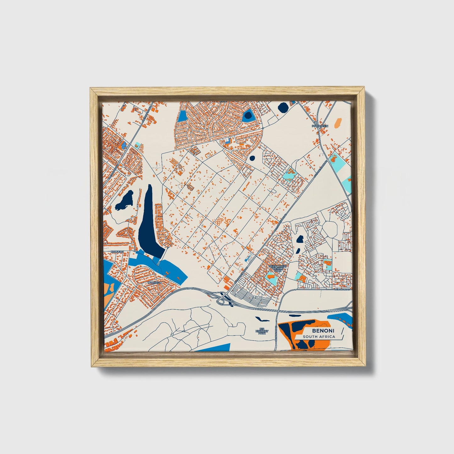 Benoni South Africa Colorful City Map Canvas Print • Natural Wooden Framed