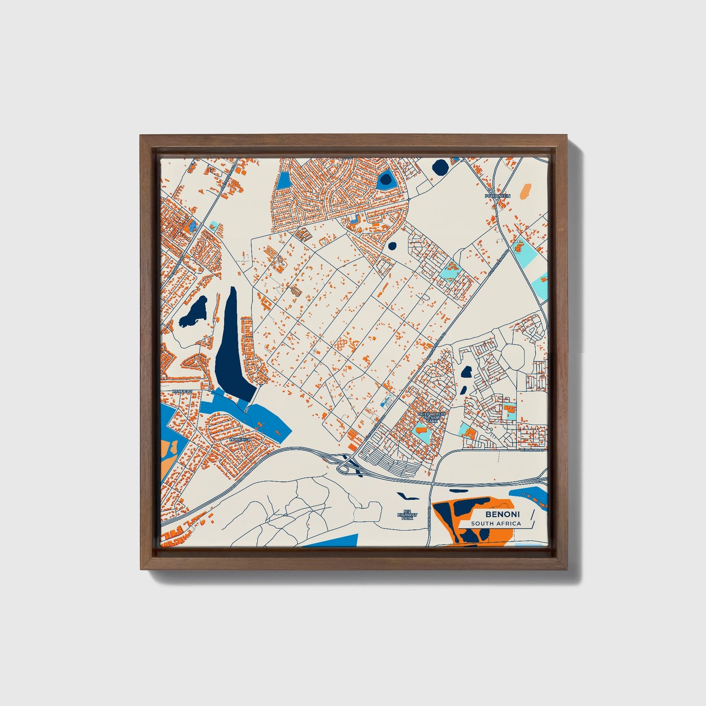 Benoni South Africa Colorful City Map Canvas Print • Dark Wooden Framed