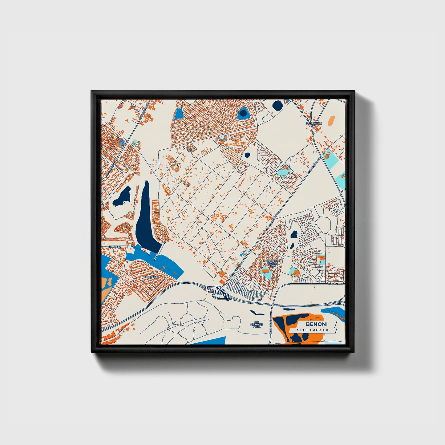 Benoni South Africa Colorful City Map Canvas Print • Black Framed