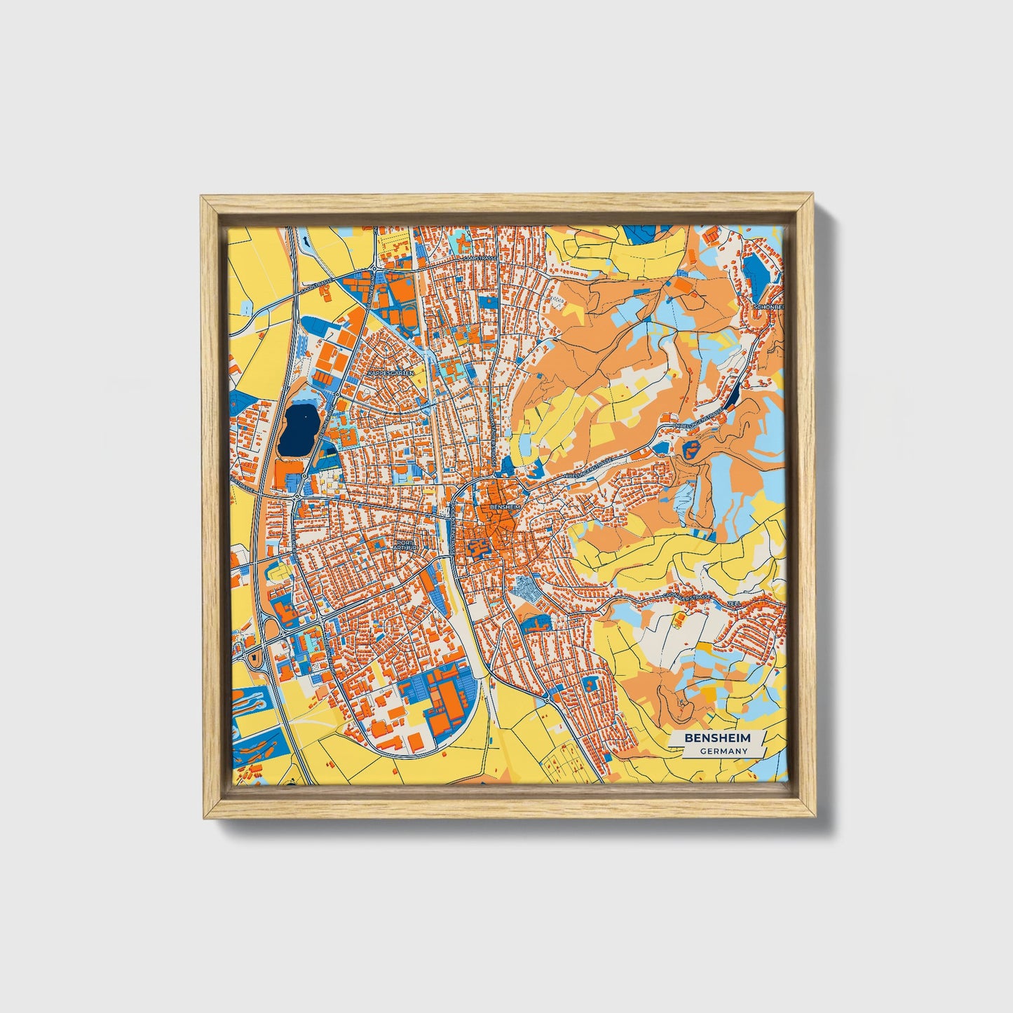 Bensheim Germany Colorful City Map Canvas Print • Natural Wooden Framed