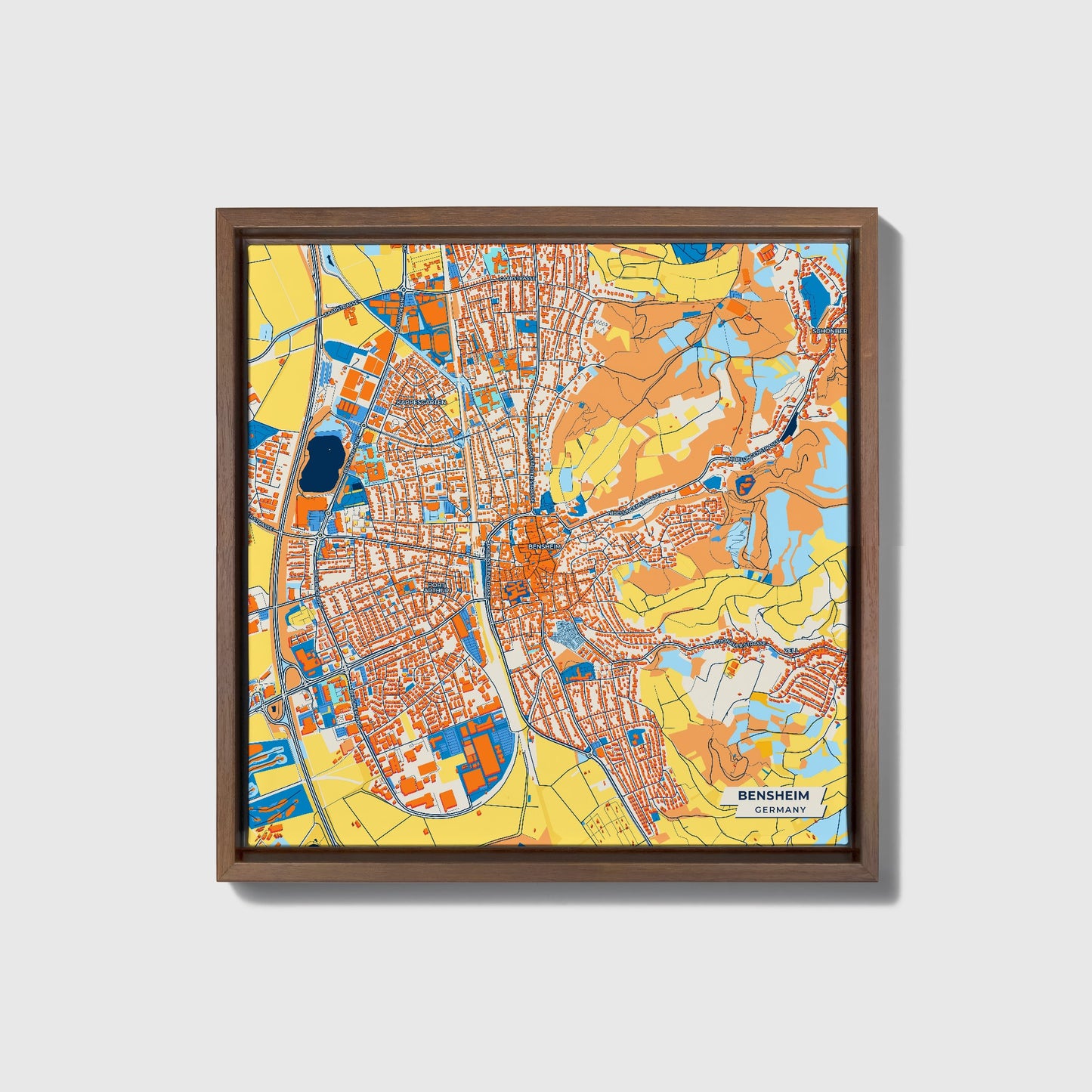 Bensheim Germany Colorful City Map Canvas Print • Dark Wooden Framed