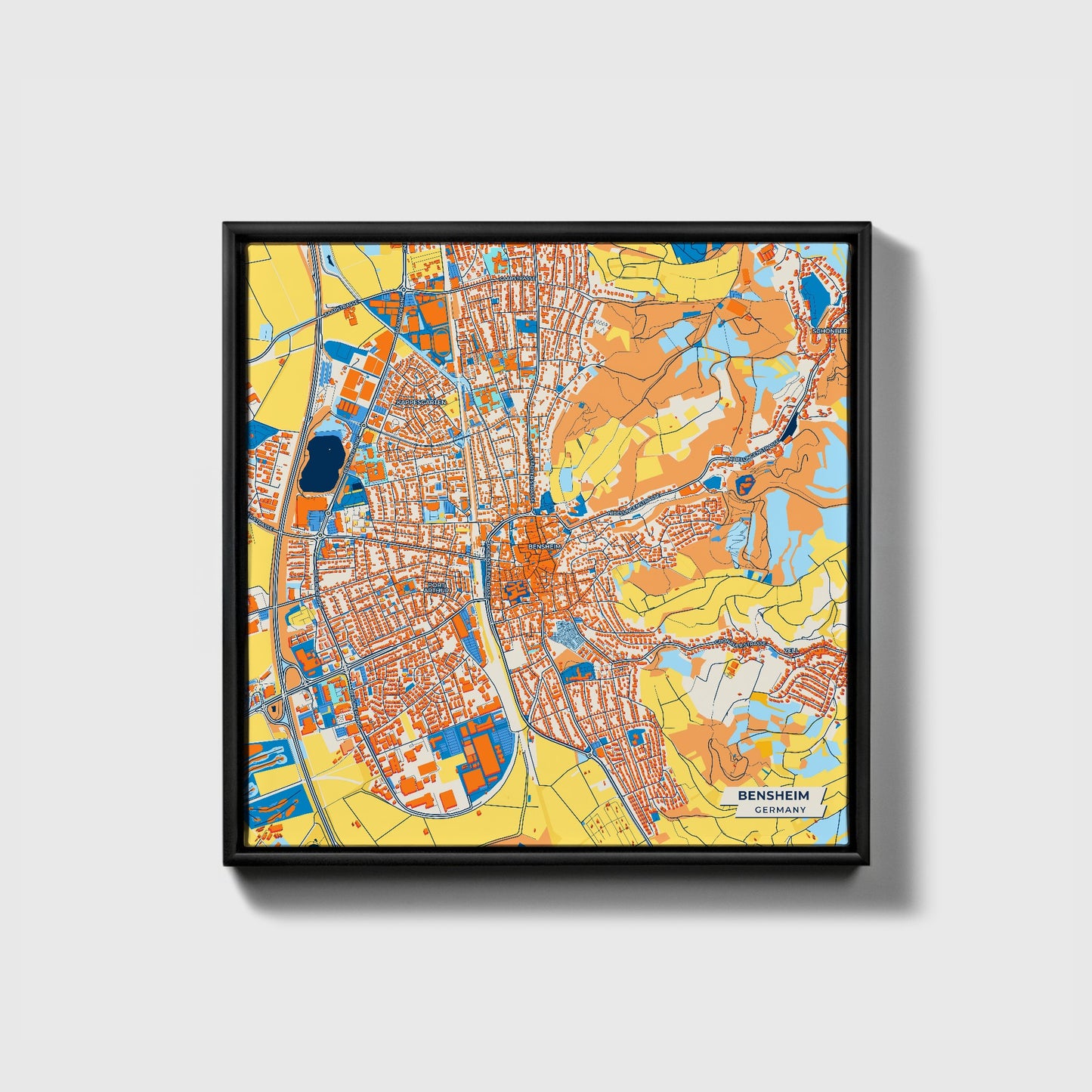 Bensheim Germany Colorful City Map Canvas Print • Black Framed