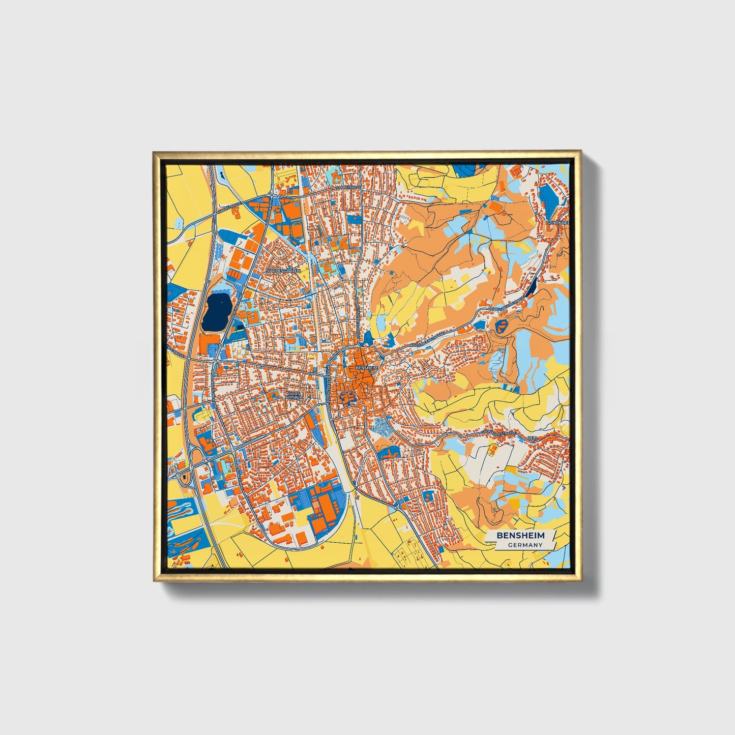 Bensheim Germany Colorful City Map Canvas Print • Gold Framed