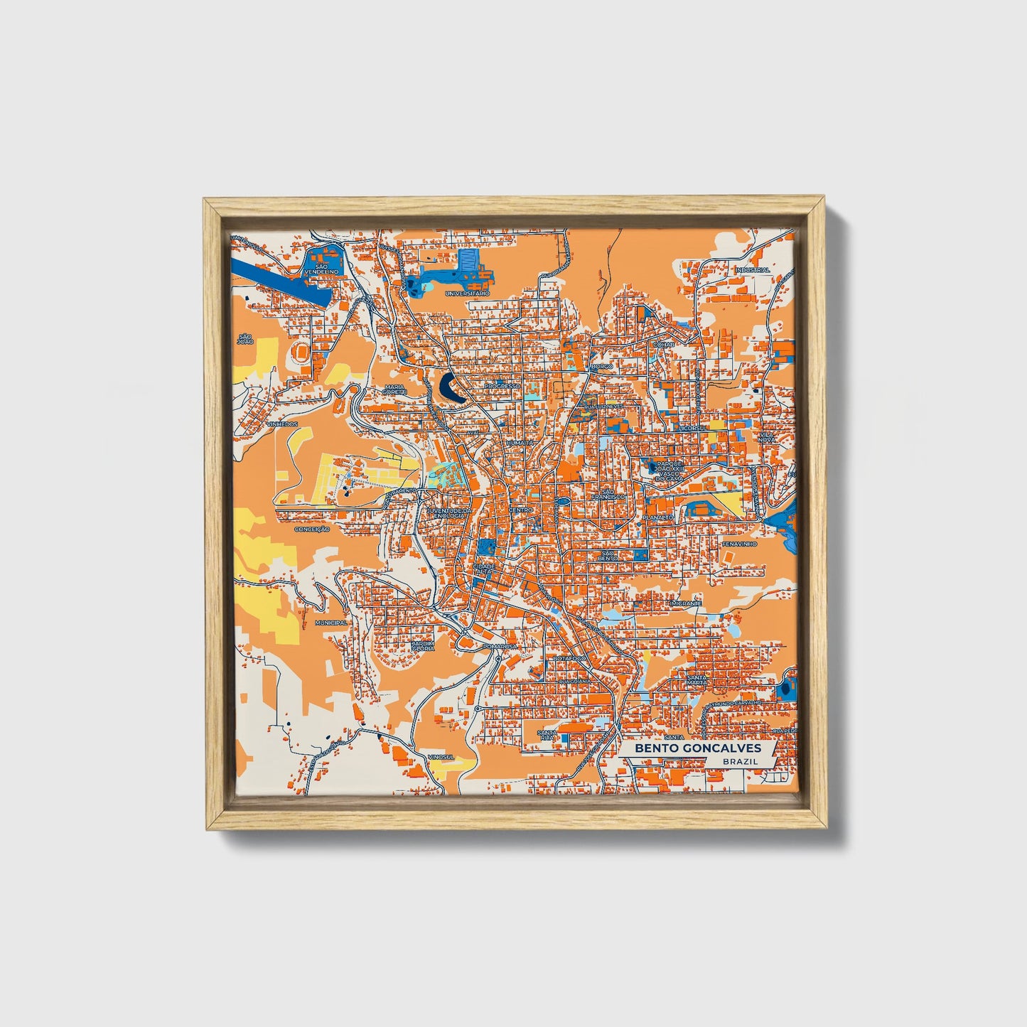 Bento Goncalves Brazil Colorful City Map Canvas Print • Natural Wooden Framed