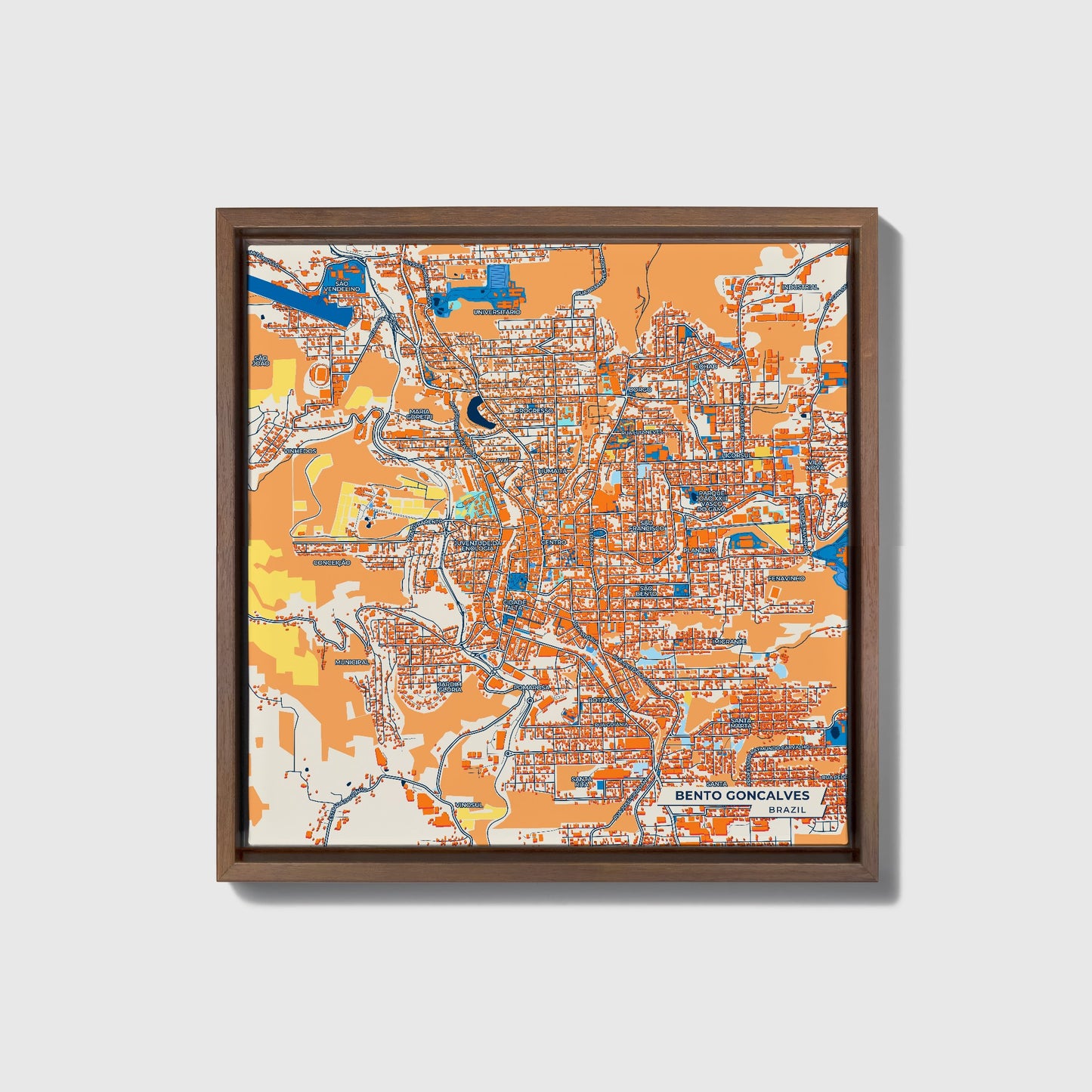 Bento Goncalves Brazil Colorful City Map Canvas Print • Dark Wooden Framed