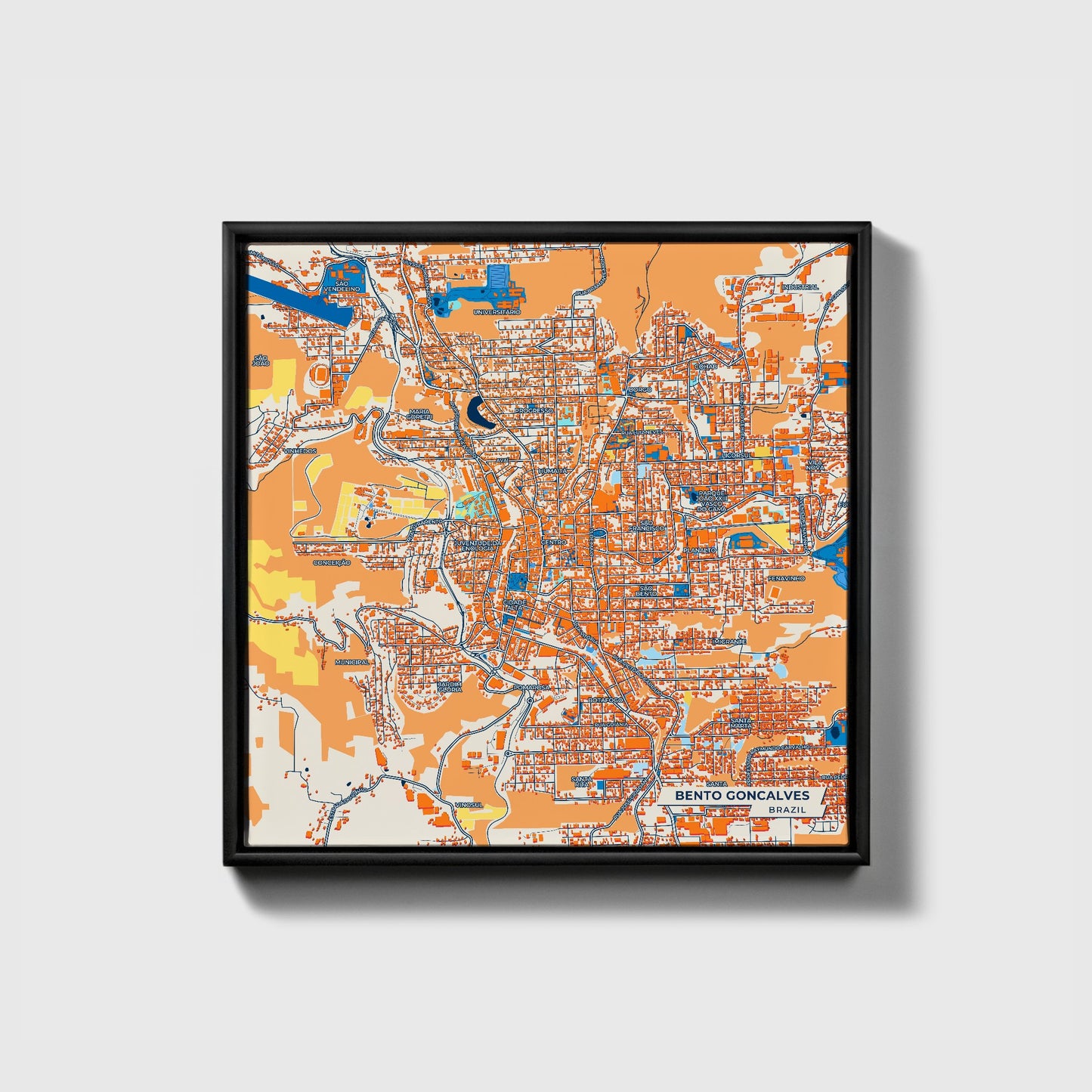 Bento Goncalves Brazil Colorful City Map Canvas Print • Black Framed