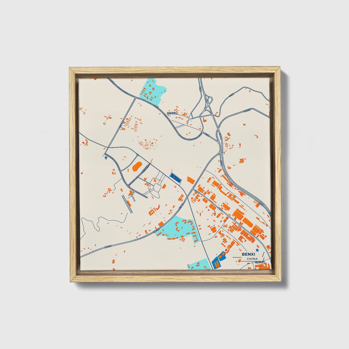 Benxi China Colorful City Map Canvas Print • Natural Wooden Framed