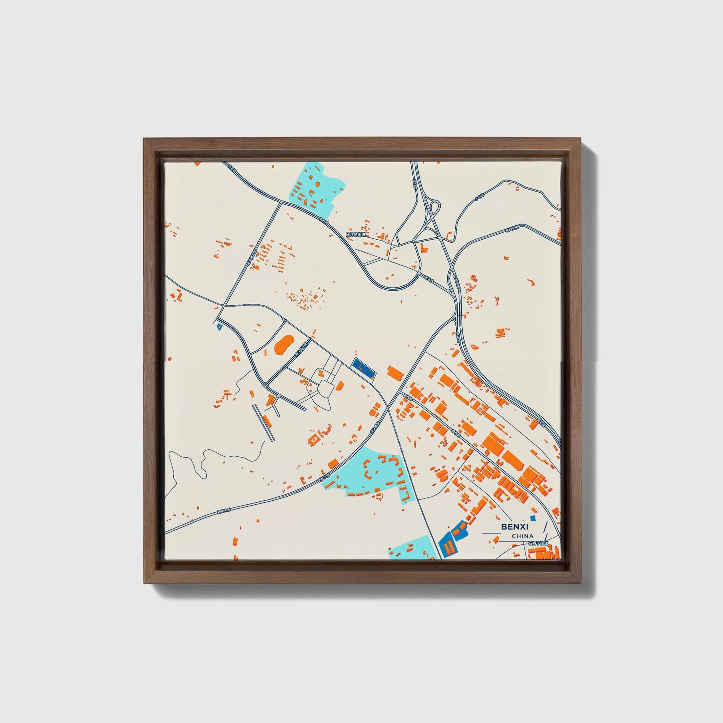 Benxi China Colorful City Map Canvas Print • Dark Wooden Framed