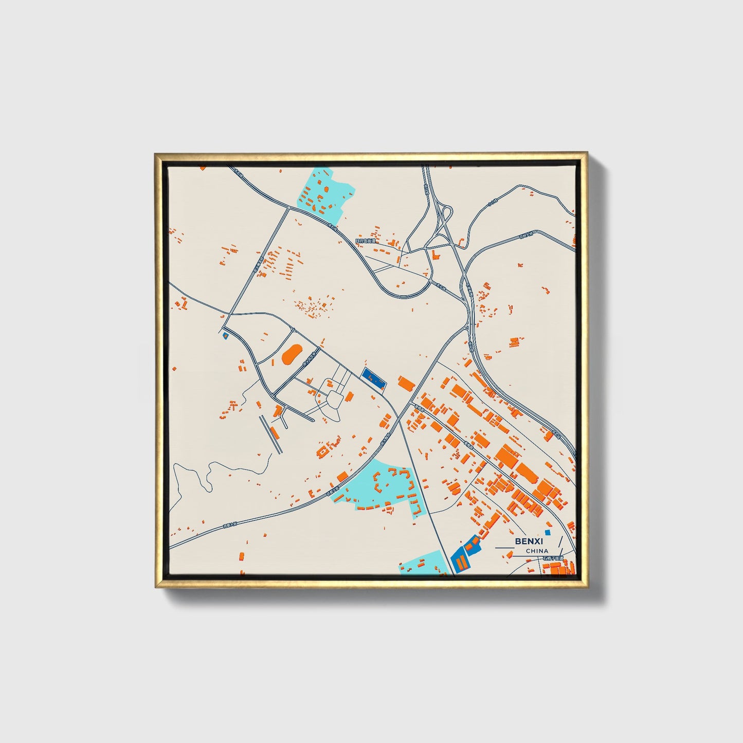 Benxi China Colorful City Map Canvas Print • Gold Framed