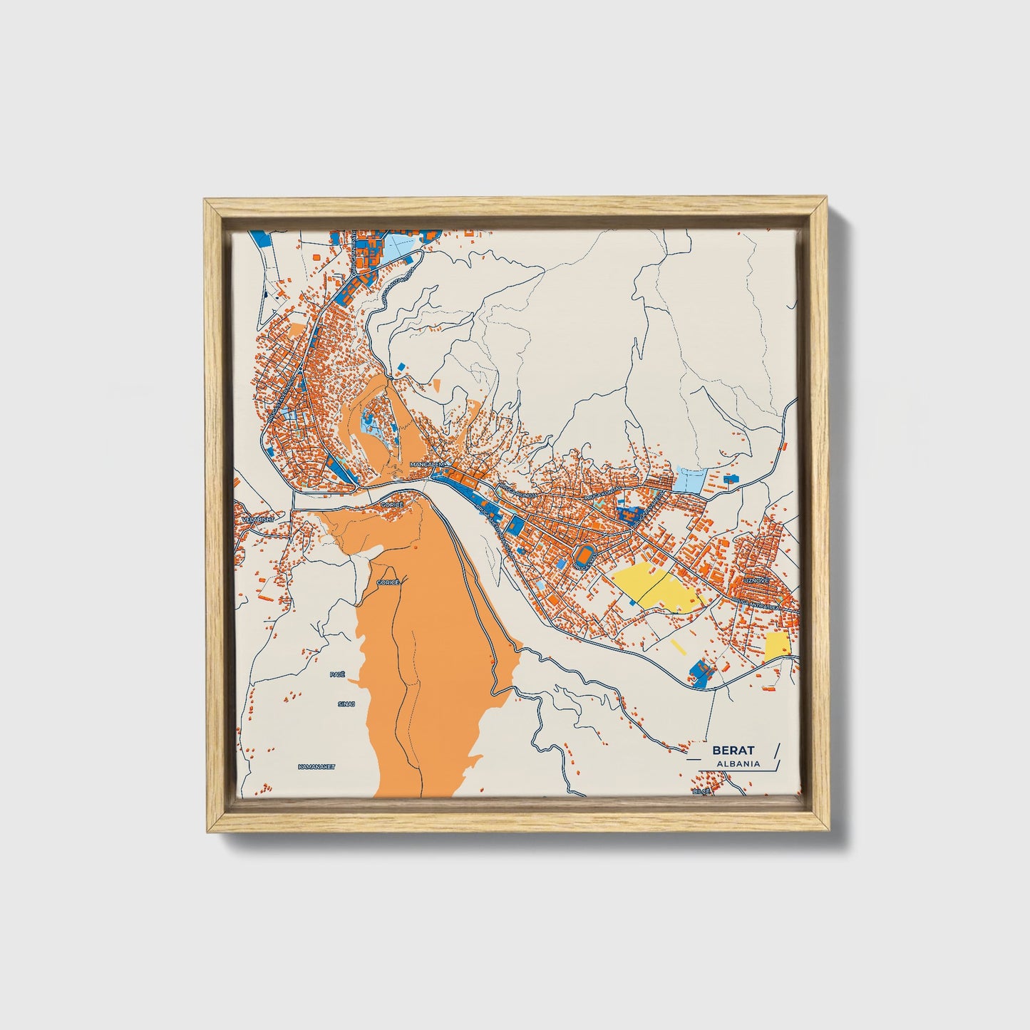 Berat Albania Colorful City Map Canvas Print • Natural Wooden Framed