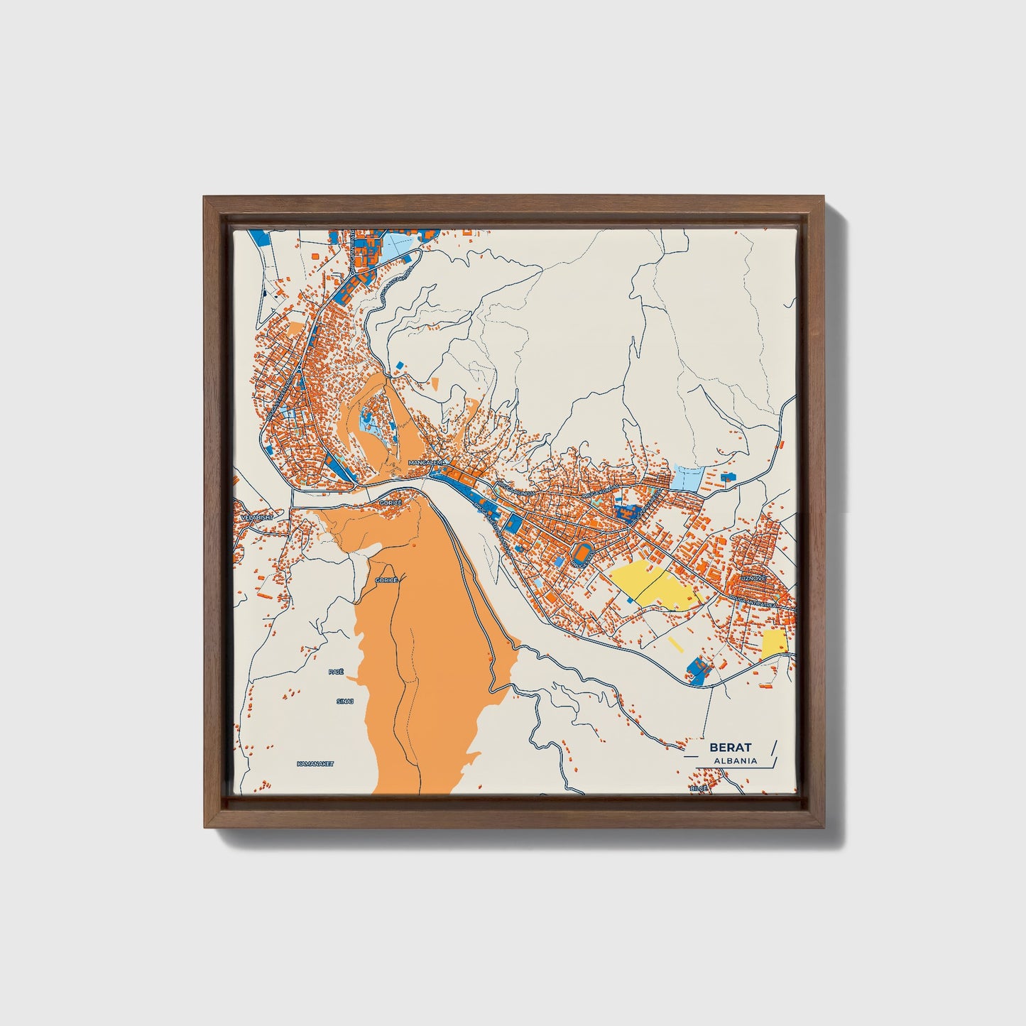 Berat Albania Colorful City Map Canvas Print • Dark Wooden Framed