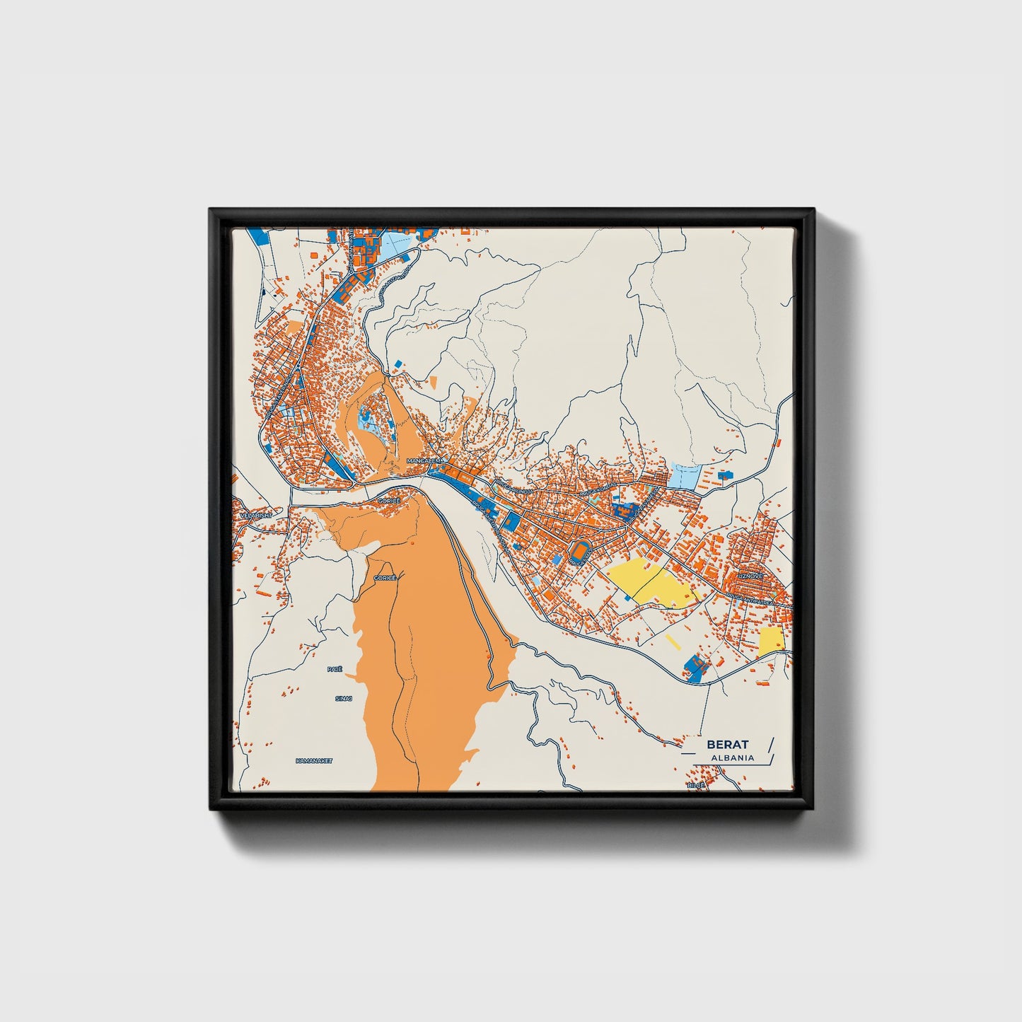 Berat Albania Colorful City Map Canvas Print • Black Framed