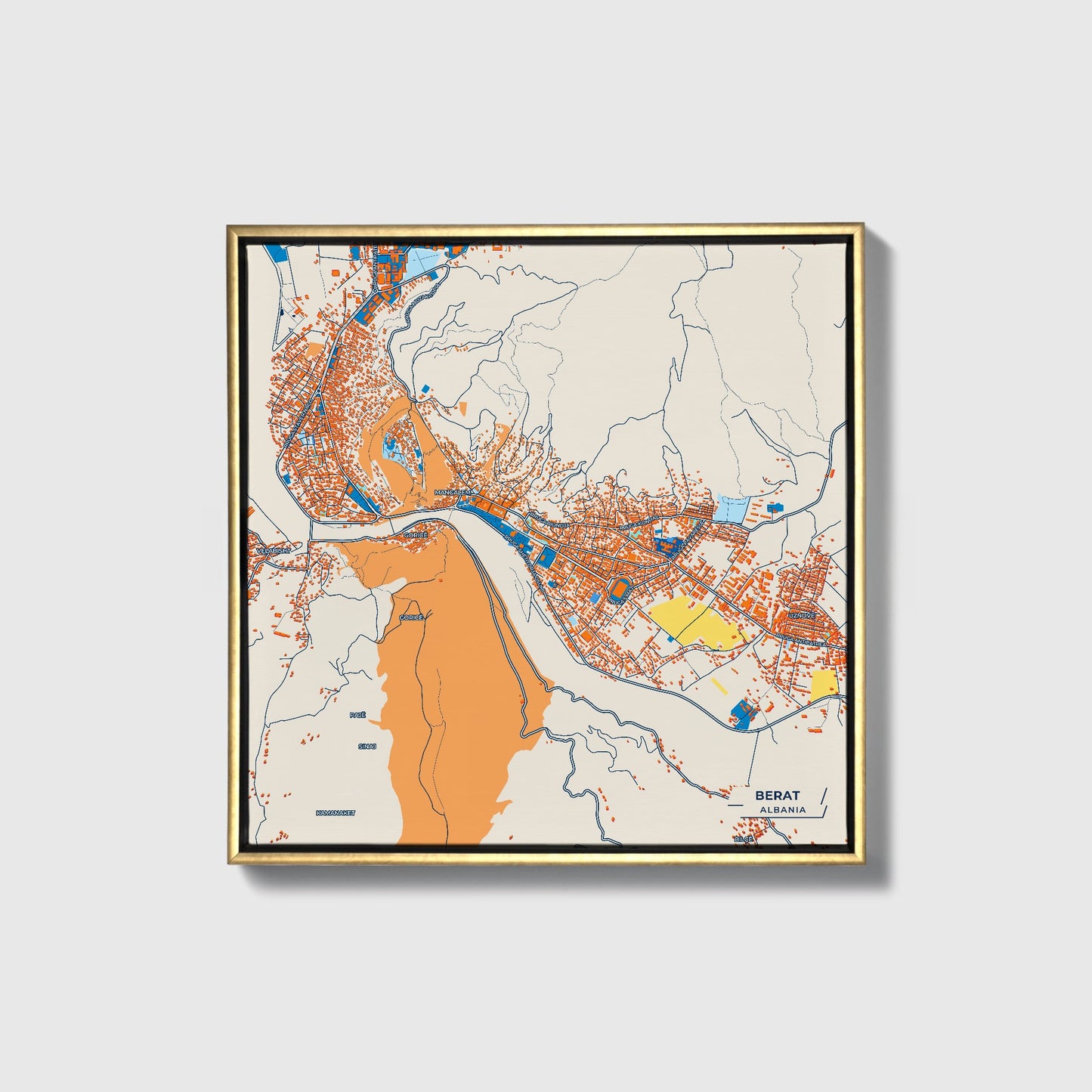 Berat Albania Colorful City Map Canvas Print • Gold Framed